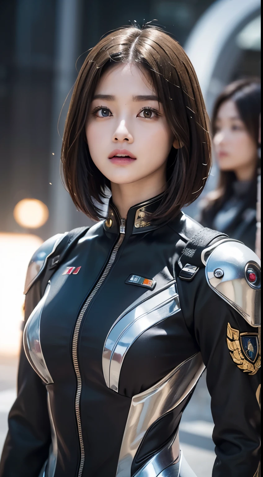 (a closeup:1.4)、(RAW Photography:1.2)、(Photorealsitic:1.4)、(​masterpiece:1.3)、(top-quality:1.4)、(Beautiful woman with perfect body:1.4)、Woman standing in front of a group of robots、beautiful android woman、Beautiful Female Soldier、girl in suit、complex combat uniform、beautiful young Japanese woman、Highly detailed facial and skin texture、Detailed big eyes、二重まぶた、cute  face、(Short Bob:1.2)、(huge-breasted)、(FULL BODYSHOT)、cowboy  shot、(angry expressions:1.2)、Storms and epic war scenes、cyberpunk scene、Night、illuminations、plugsuit、combat uniform damage、