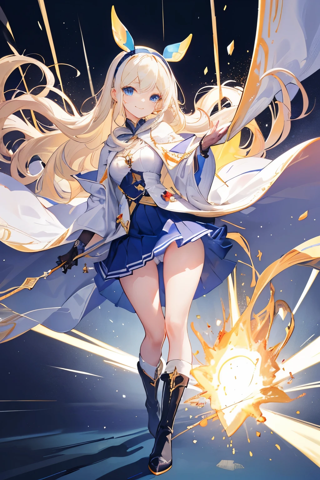 (((1girl))), ((best quality)), ((masterpiece)), ((ultra-detailed)), (illustration), (detailed light), (an extremely delicate and beautiful), (beautiful detailed eyes), (sunlight), ((extremely light)), ((extremely clothes)), (((hyper detail))),(((((front lighting))))),(((((front light))))),
((((quite adorable Mage's robe with a pleated skirt and magical hairband)))), (((Expert Mage))),
,
(((wavy long hair))), ((((platinum blonde hair)))), (((long hair))),
(((sky blue eyes))),
((((whole body)))), aged 5 to 8, ((((())))), ((((very adorable young girl)))),
((condescending expression)), ((mischievous smile with sexual satisfaction)), (((extra adorable))), (((((extra slender shape))))),
(((((extremely beautiful detailed face))))),
(((standing and dynamically and bravely attacking enemies by a spell of start light explosion))), (((elegant magic boots))),
(Dutch angle), (((elegant magic gloves))), ((transparent magical underskirt)), (a little bit exposed adorable magical panties)