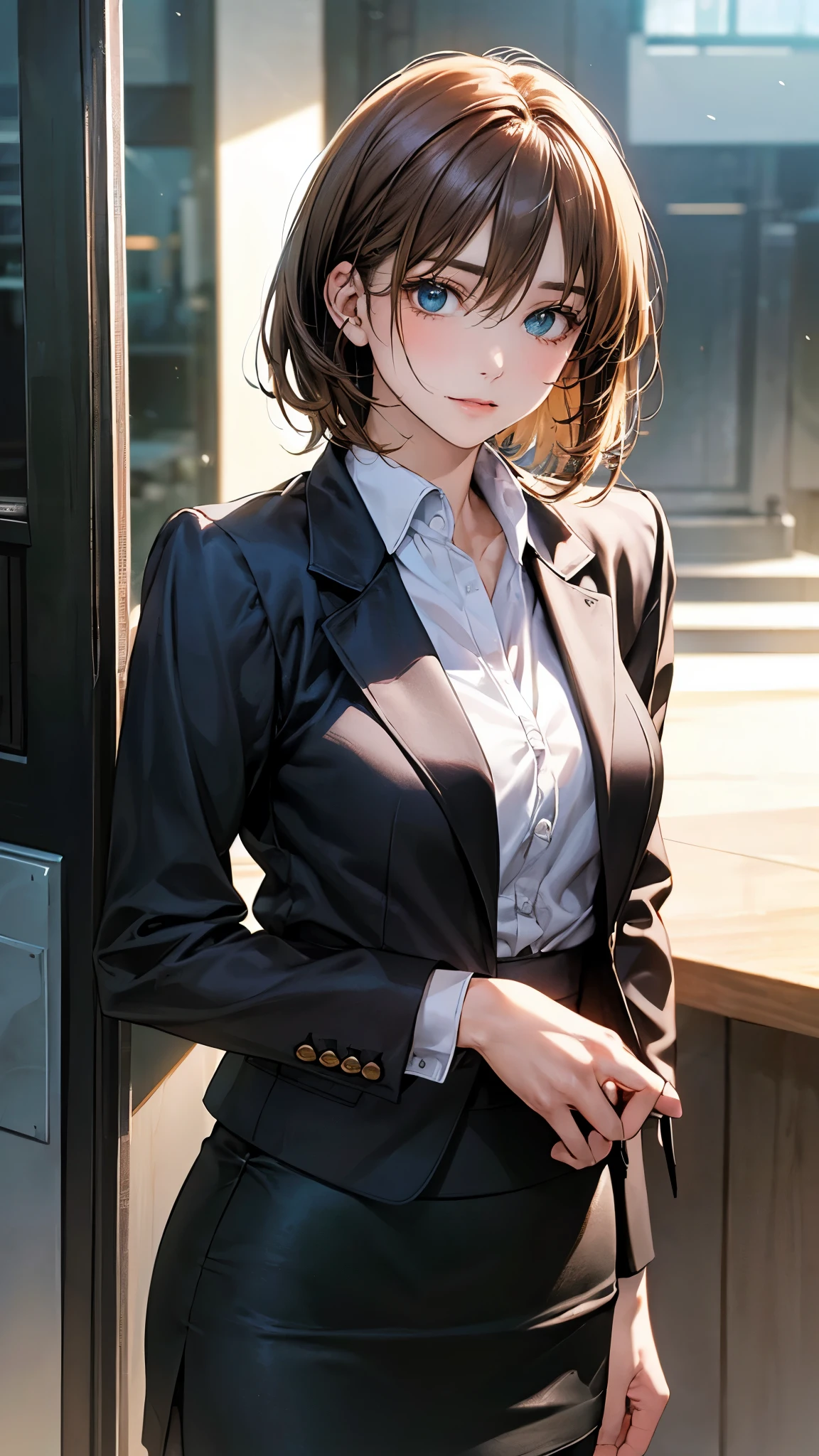 (masterpiece:1.2, top-quality), (realistic, photorealistic:1.4), beautiful illustration, (natural side lighting, movie lighting), 
looking at viewer, face focus, upper body, 1 girl, japanese, 17 years old, perfect face, perfect body, cute and symmetrical face, shiny skin, babyface, 
(short hair, straight hair, long sideburns, light brown hair), hair between eyes, emerald green eyes, (middle breasts, seductive thighs), , 
beautiful hair, beautiful face, beautiful detailed eyes, beautiful clavicle, beautiful body, beautiful chest, beautiful thigh, beautiful legs, beautiful fingers, 
(((black business jacket, close clothes), white collared shirt, black tight skirt), ), 
(beautiful scenery), evening, (office), standing, (uneasiness), 