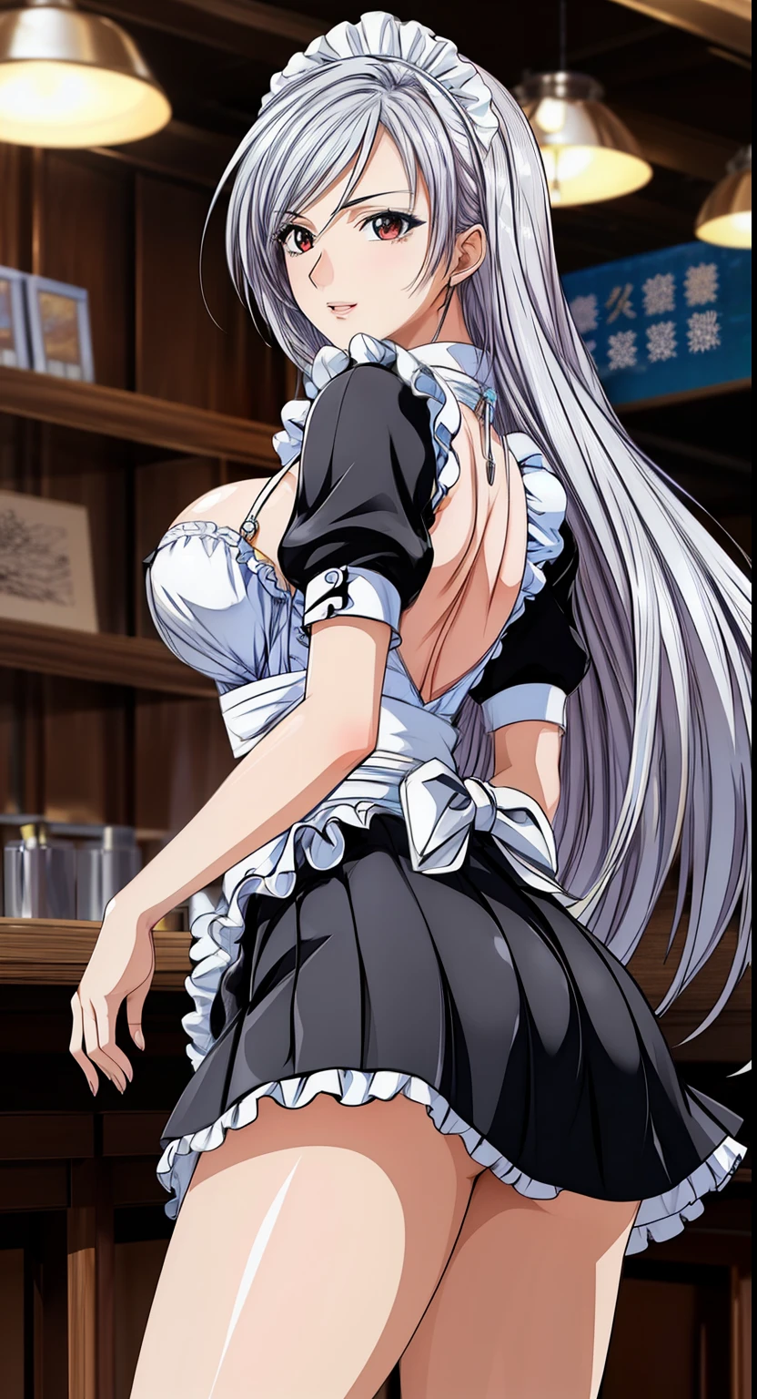 red eyes, (highest quality, masterpiece絵画:1.3), mature woman, 26 years old, (half body shot), masterpiece, Super high resolution, (Photoreal:1.0), silver hair、straight hair, Shiny and beautiful hair, white and shining skin, ((Super realistic details)), octane rendering, highly detailed face, (big breasts:1.0), ((maid)), (黒maid服),((black mini skirt)), cleavage, perfect body, soft skin, anime face, perfect face, perfect eyes, looking at the viewer, smart, coffee shop,sharp focus, intricate details, professional artwork, (Bright colors:1.1), Bright colors, diffused lighting, digital blending, Super detailed body, ultra detail hair, super detailed face, It's trending on pixiv, top button opened, shy girl, Cute gaze, compensate, perfect lips, perfect compensate, Super precise painting, (light_smile:0.8), embarrassed, blush your nose, Rear view, look back,