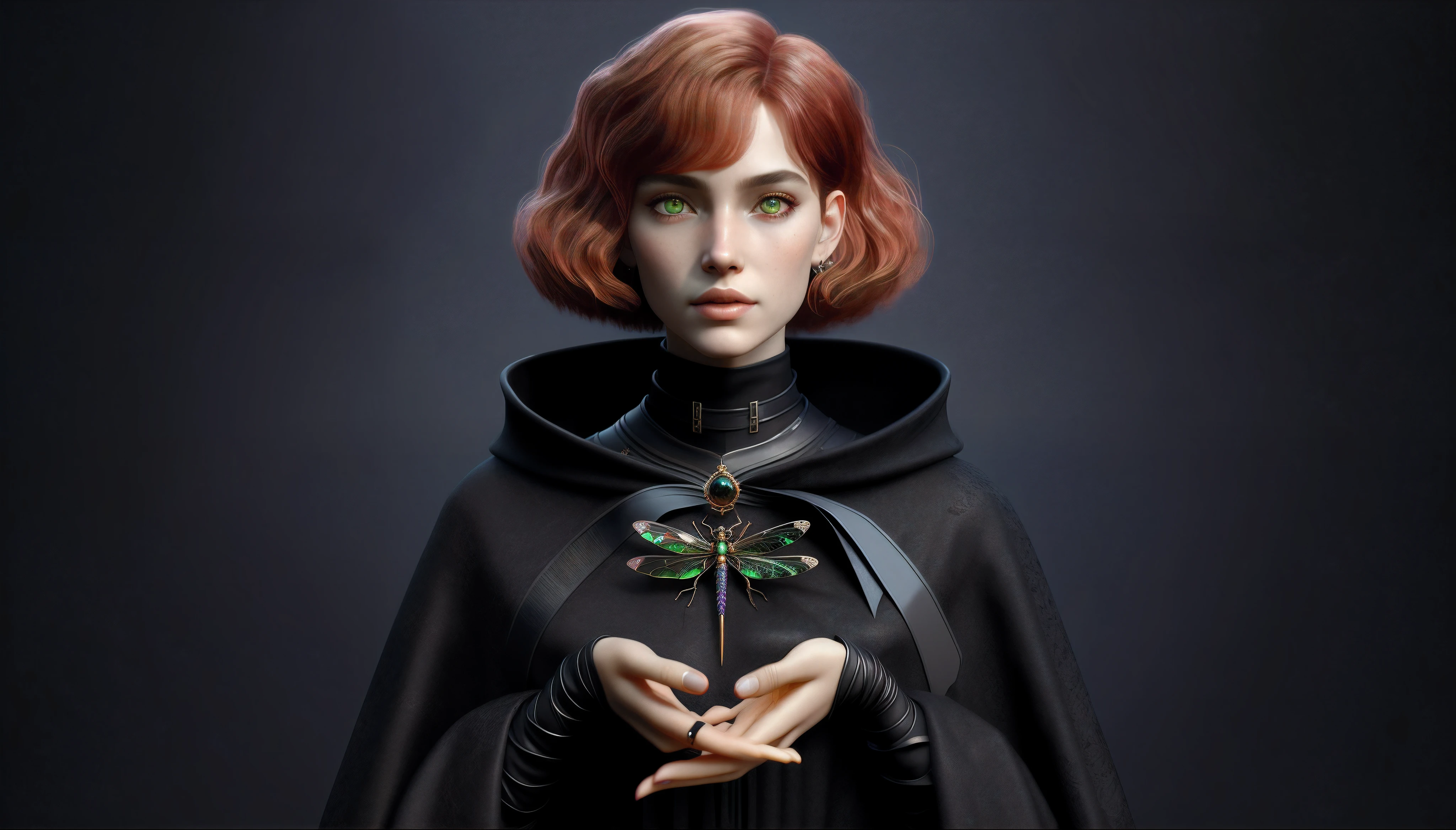 there is a woman in a cape holding a dragonfly, 3 d render character art 8 k, hyperdetailed fantasy character, portrait of a young witch girl, dark witch character, portrait of a young witch, attractive androgynous humanoid, realistic fantasy render, portrait beautiful sci - fi girl, dark fantasy female magician