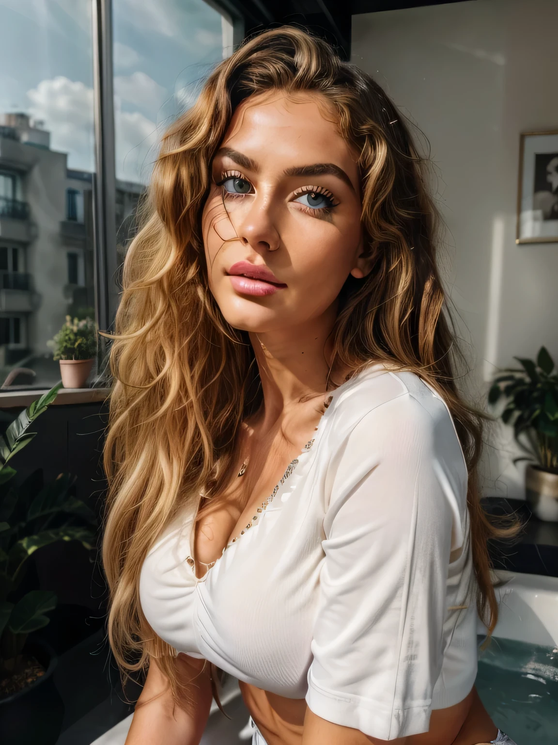 Die kubanische Frau Sandra Malek, lockiges blondes Haar, Blondes Haar, Lockige haare, (realistisch:1.5), (augen makeup), photorealistisch, best quality, hyperdetailliert, beautiful woman with natural blonde curls, opened his eyes, Skin texture with perky 30G breasts, large , Filmkorn, ultra high resolution, bester Schatten, ROH, Instagram-LUT, 8 TAUSEND, ROH-Foto, (Sehr detaillierte Haut:1.2), Meisterwerk, (ROH-Foto: 1.2), top quality, Beautiful detailed girl, Full body, A girl in a modern setting,Illustration,beautiful detailed eyes,beautiful detailed lips,Extrem detailliertes Gesicht,lange Wimpern,leicht braunes Haar,selbstbewusster Ausdruck,modisches Outfit,natural sunlight. (best quality,High Resolution),ultradetailliert,fotorealistisch:hdr,UHD,Studiobeleuchtung,physikalisch basierte Darstellung,extreme Detailbeschreibung,Fachmann,lebendige Farben,scharfer Fokus. in a modern apartment with white details and plants, Seductive look directly into the camera, White clothing, in einem modernen Badezimmer