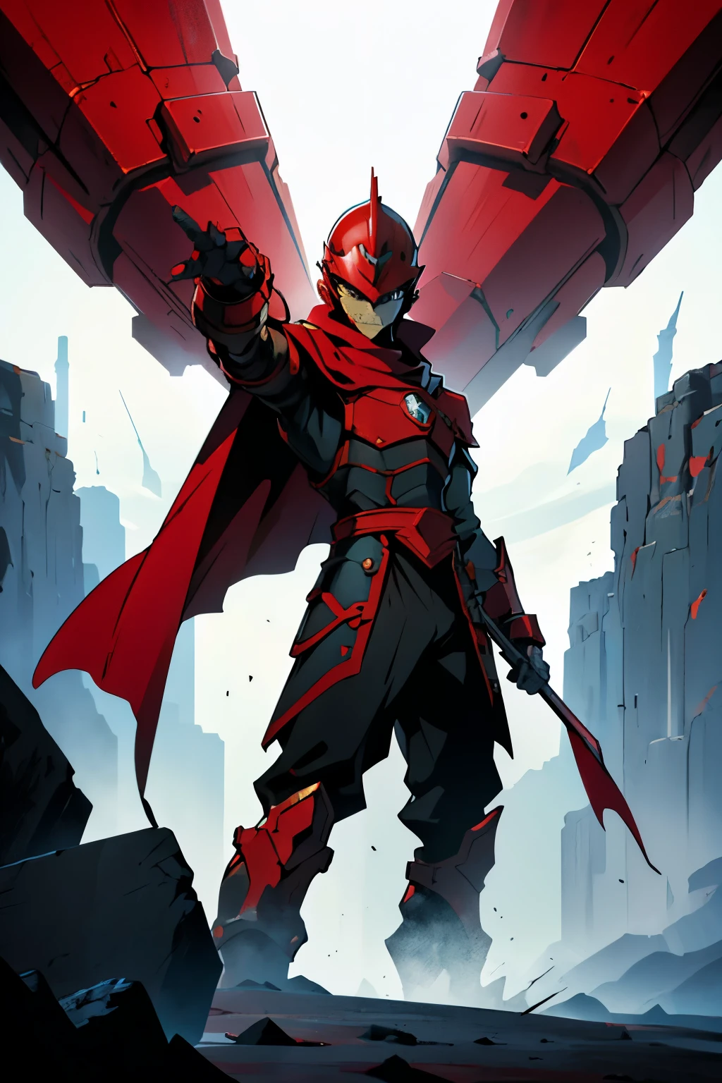 red armored man with a sleek design, wearing a human face-shaped helmet, striking a battle posture. The man's face has a serious expression, resembling the character Zero from the Megaman series. The armor is detailed and shines in a vibrant red color with a black cape. The overall style is a fusion of futuristic and fantasy elements, reminiscent of Dungeons and Dragons NPCs. The man stands in a dynamic pose, ready for action. Its armor reflects the light, adding a touch of realism to the scene. The color palette is dominated by shades of red, conveying power and intensity.