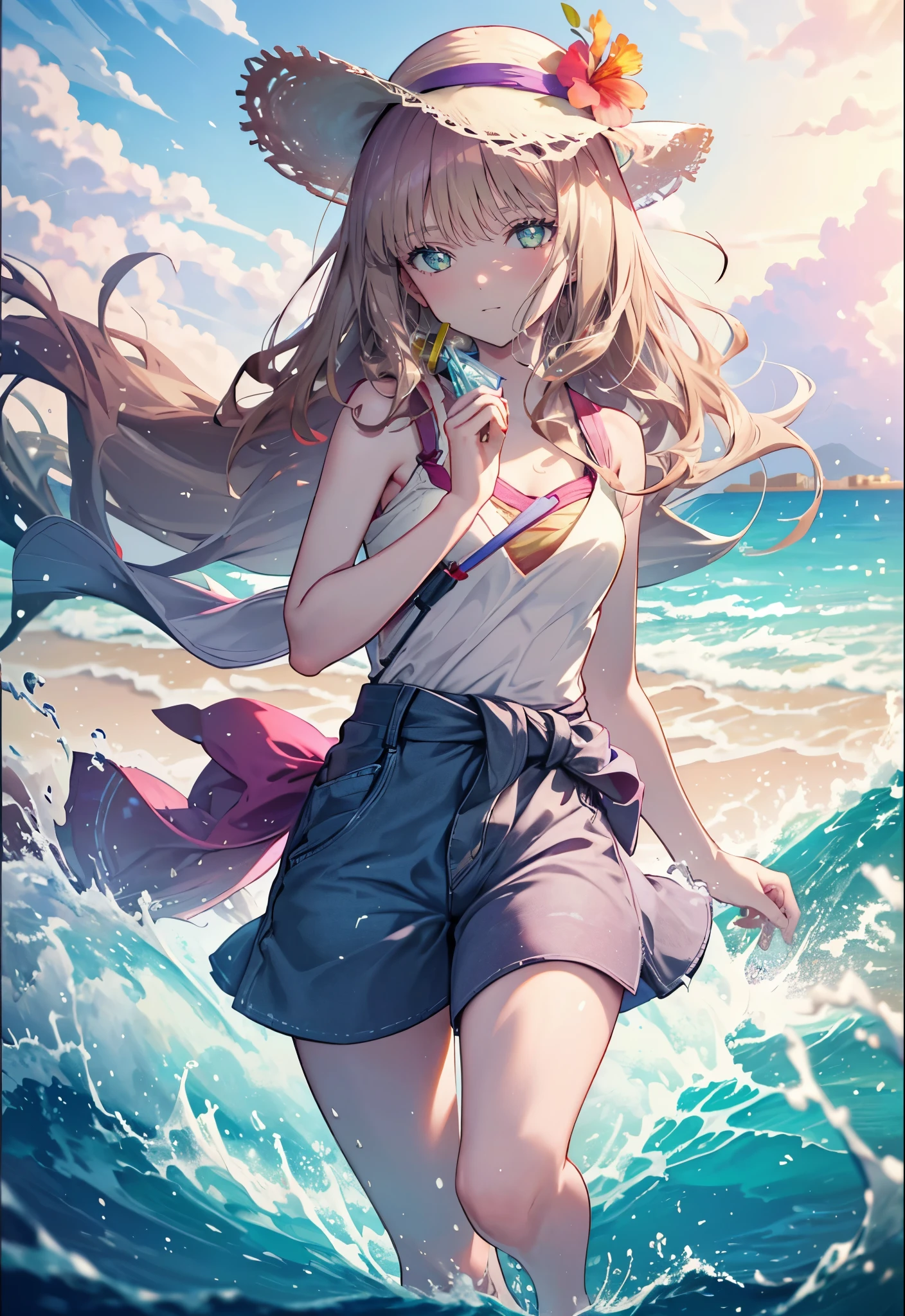 8k,highest quality,masterpiece,(software), masterpiece, highest quality, High resolution64k, professional artwork, famous works of art, clean, cinematic lighting, beautiful eyes + be familiar with, beautiful hair + be familiar with,The bud of a southern dream,The bud of a southern dream sss dynazenon ,brown hair,green ruby eyes,big straw hat,hibiscus hair ornament,blush,smiling blue bikini swimsuit,A thin floral pattern cloth is wrapped around the waist..,barefoot,sandy beach,seaside,ビーチのsandy beachを散歩しながら、brown hair fluttering in the breeze, (masterpiece:1.2), highest quality, High resolution, unity 8k wallpaper, (shape:0.8), (beautiful and be familiar with eyes:1.6), 非常にbe familiar withな顔, perfect lighting, Very be familiar with CG, (perfect hands, perfect anatomy),