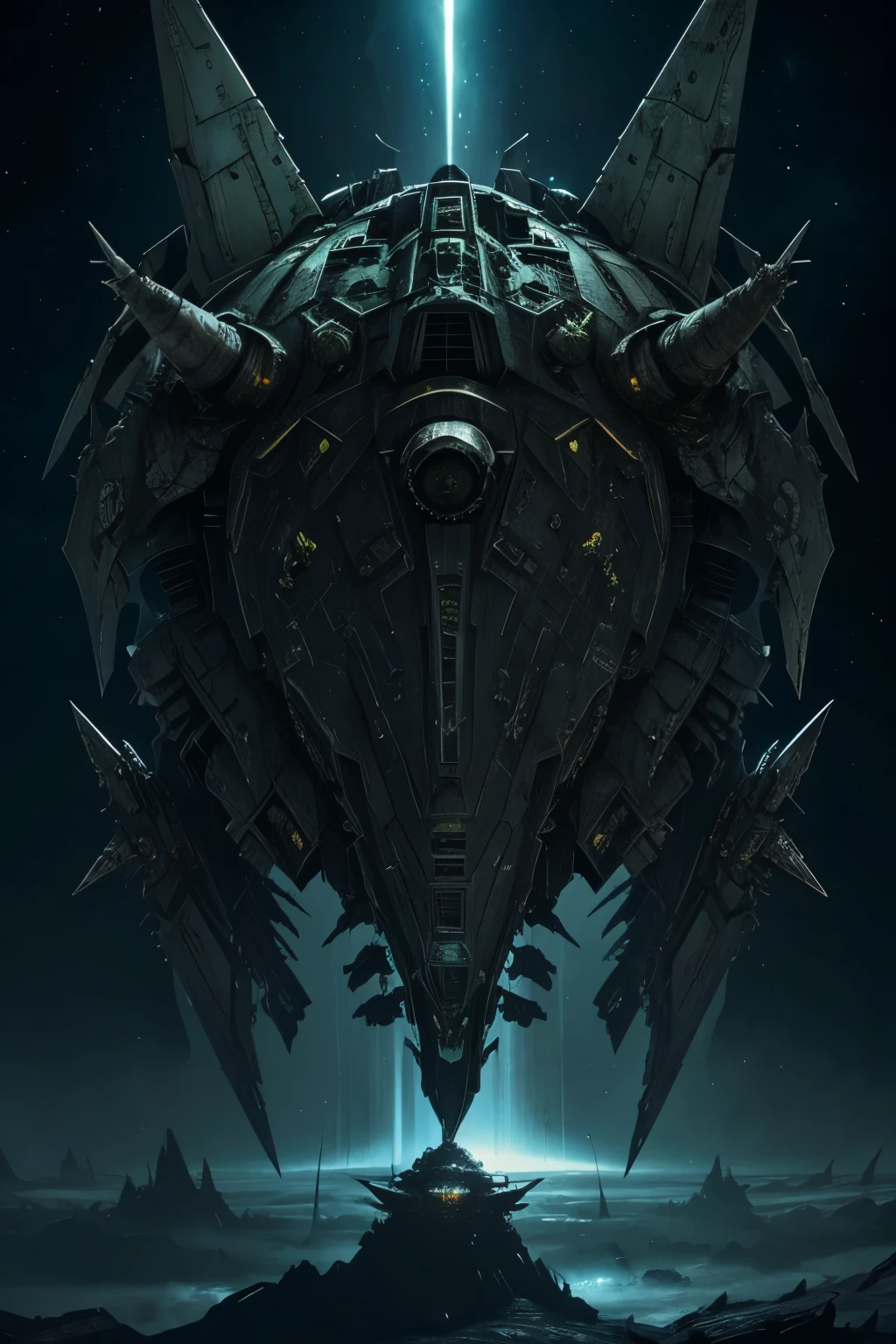 Nurgle starship flying to dark planet, dark and scarry, Grim Dark style, starships, Nurgle, Chaos, war, sapce war, planet, cosmos, 8k,
