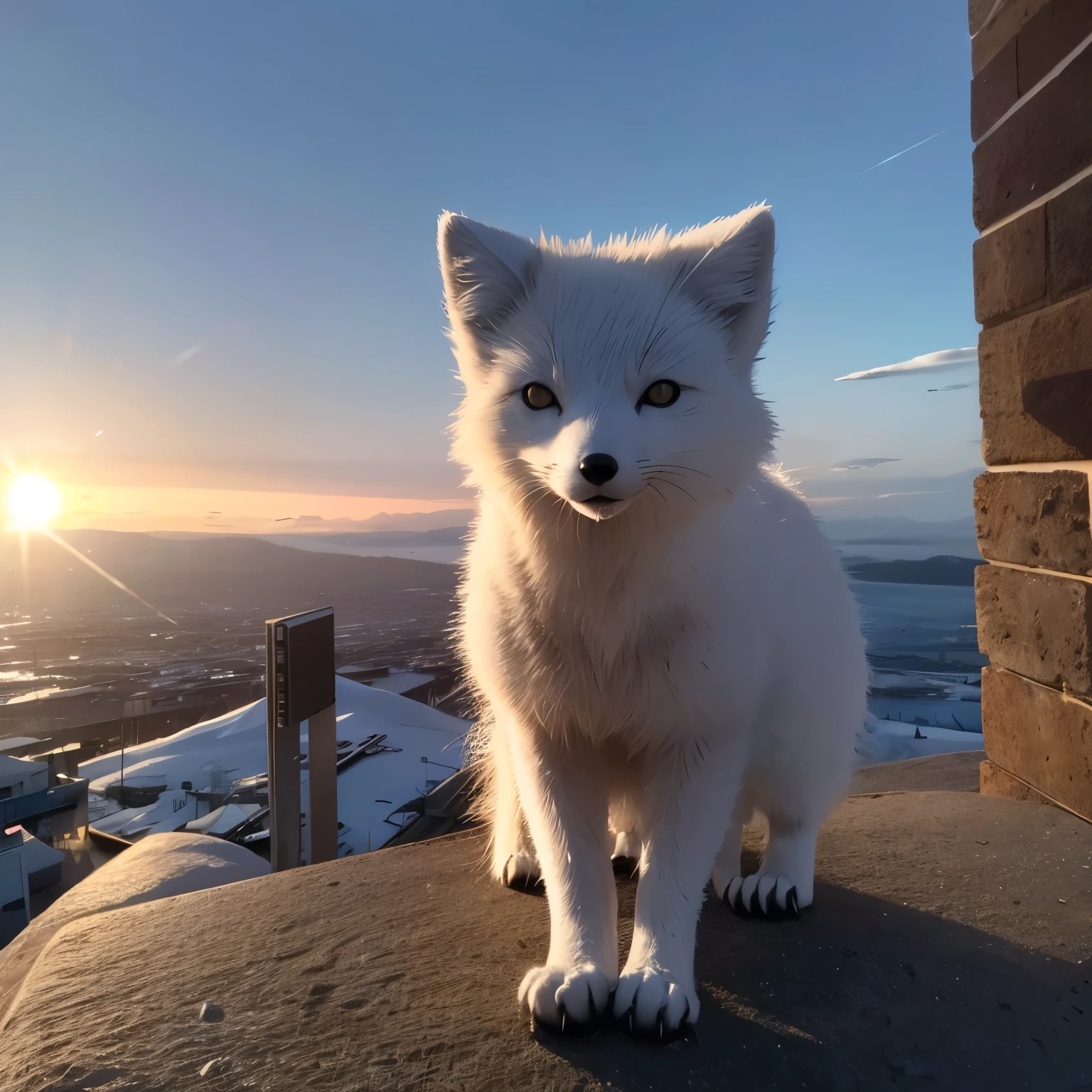 cyberpunk,arctic fox,looking at the sun