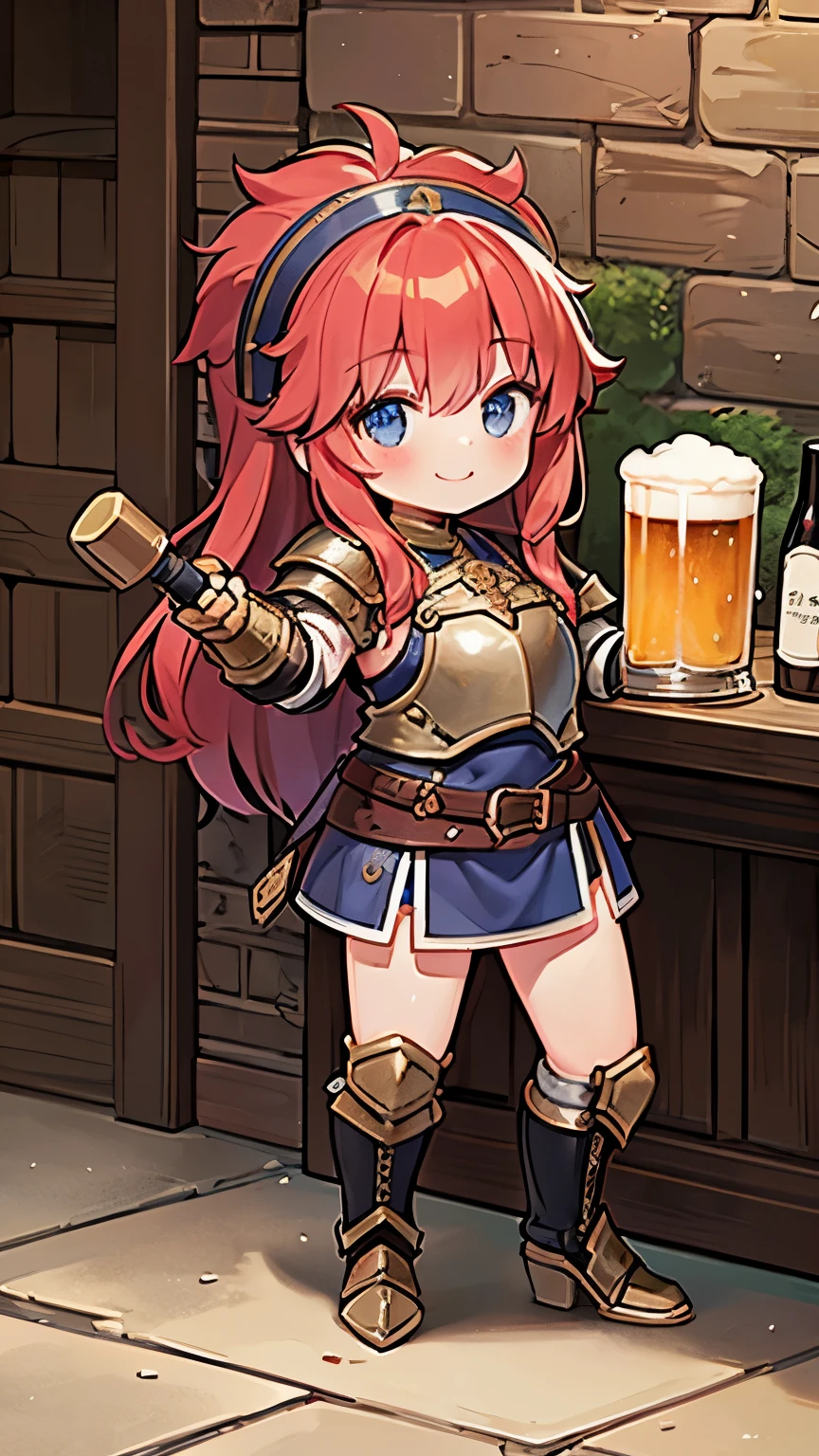 highest quality。masterpiece。detailed details。dwarf adventurer。(Armed with leather armor and a large ax)。Drink beer at a stall inside the labyrinth。A happy smile。The background is an underground labyrinth made of stone.。