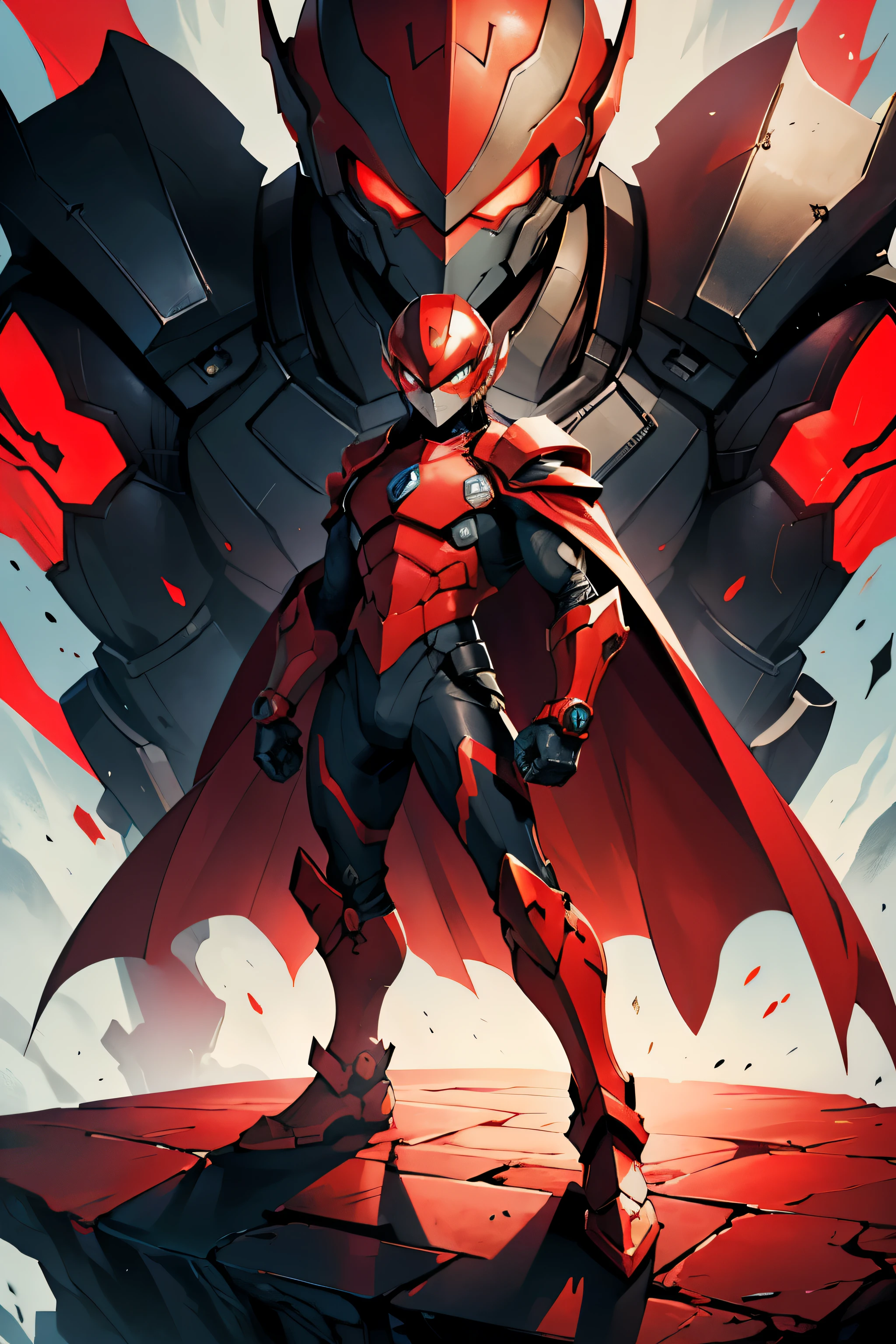 homem blindado vermelho com um design elegante, usando um capacete em forma de rosto humano, atingindo uma postura de batalha. The man's face has a serious expression, remembering the character Zero from the Megaman series. The armor is detailed and glows a vibrant red color with black cape. The overall style is a fusion of futuristic and fantasy elements, reminiscent of Dungeons and Dragons NPCs. The man is in a dynamic pose, ready for action. Sua armadura reflete a luz, adding a touch of realism to the scene. The color palette is dominated by shades of red, transmitindo poder e intensidade.
