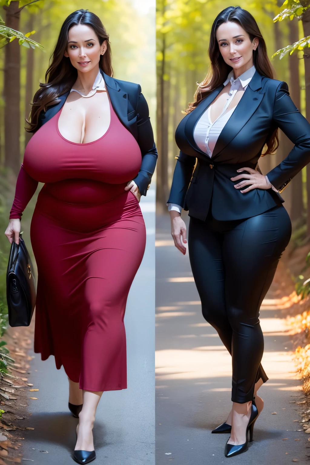 A 35 years old woman, running through the sunny forest, face like Demi Moore, wearing a light red business suit, a business shirt, a long skirt, extremely huge saggy breasts, slim waist, (full person view, from head to toe), smiling to me