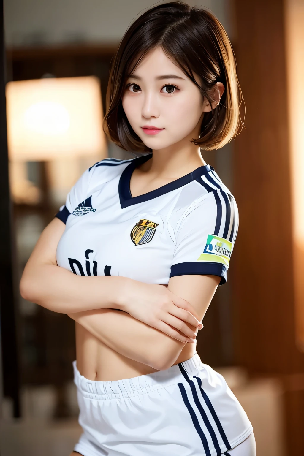 1 girl,big breasts,beautiful and fine eyes,cute,professional lighting,highest quality, soccer, uniform,Super Short Hair