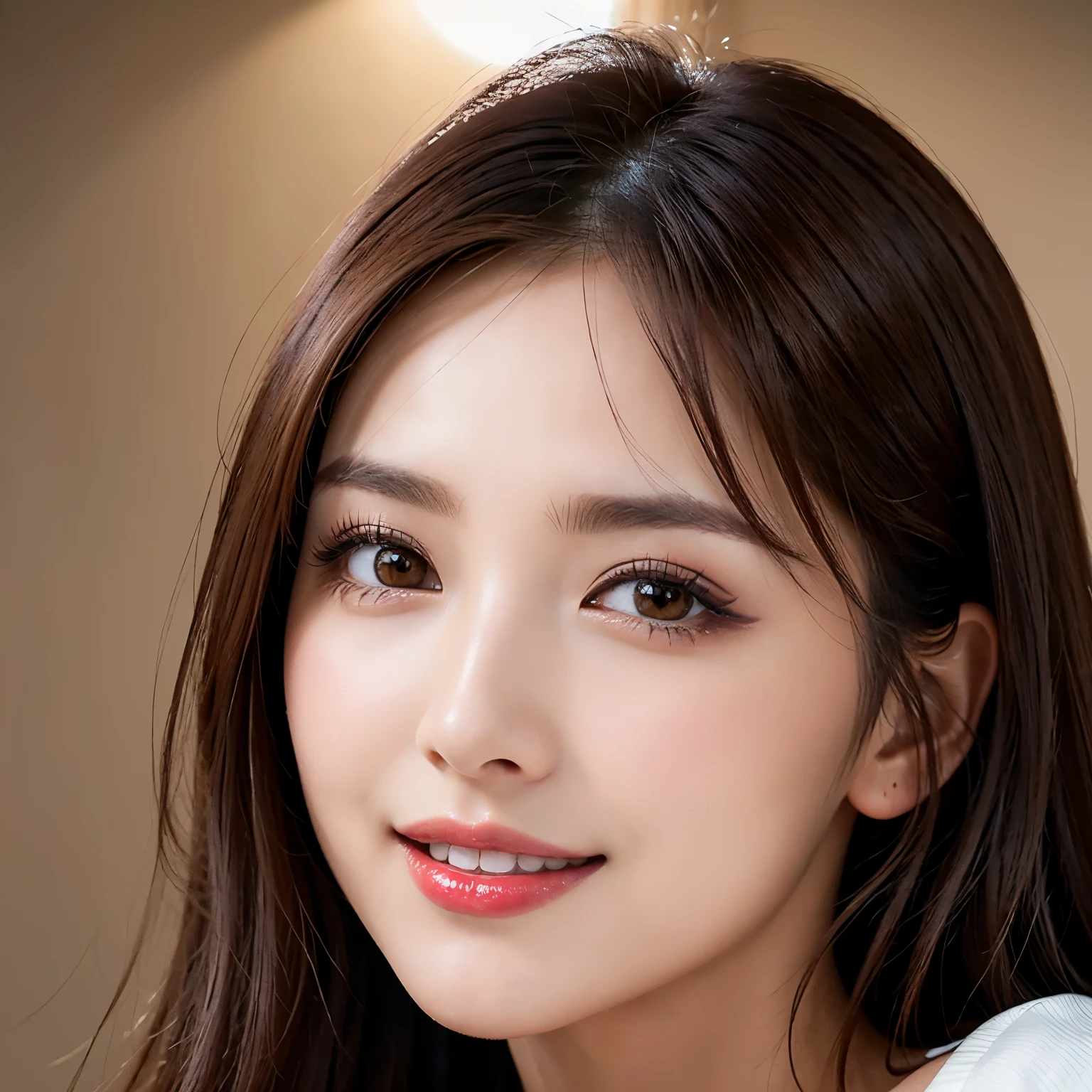 (highest quality、table top、8k、best image quality、Award-winning work)、(one young girl)、alone、(Perfect V-neck red long knit sweater:1.1)、(perfect red v neck sweater:1.1)、(red eyeshadow:1.2)、perfect makeup、long eyelashes、Super high-definition sparkling eyes、ultra high definition hair、ultra high resolution glossy lips、Super high resolution perfect teeth、Super high resolution cute face、brown hair、look at me and smile、[clavicle]、accurate anatomy、(close up of face:1.5)、Luxury love hotel、(The most moody warm lighting:1.2)、blurred background、With bangs、Super high-resolution glossy and moisturized face、Super high resolution glowing skin、most detailed face、Ultra high resolution detailed faces、ultra high resolution hair、Super high resolution sparkling eyes、Beautiful face drawn in every detail、Super high resolution glossy red lips、(closed lips:1.3)、smile gently