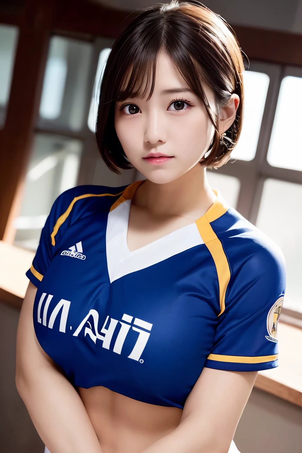 1 girl,big breasts,beautiful and fine eyes,cute,professional lighting,highest quality, soccer, uniform,Super Short Hair