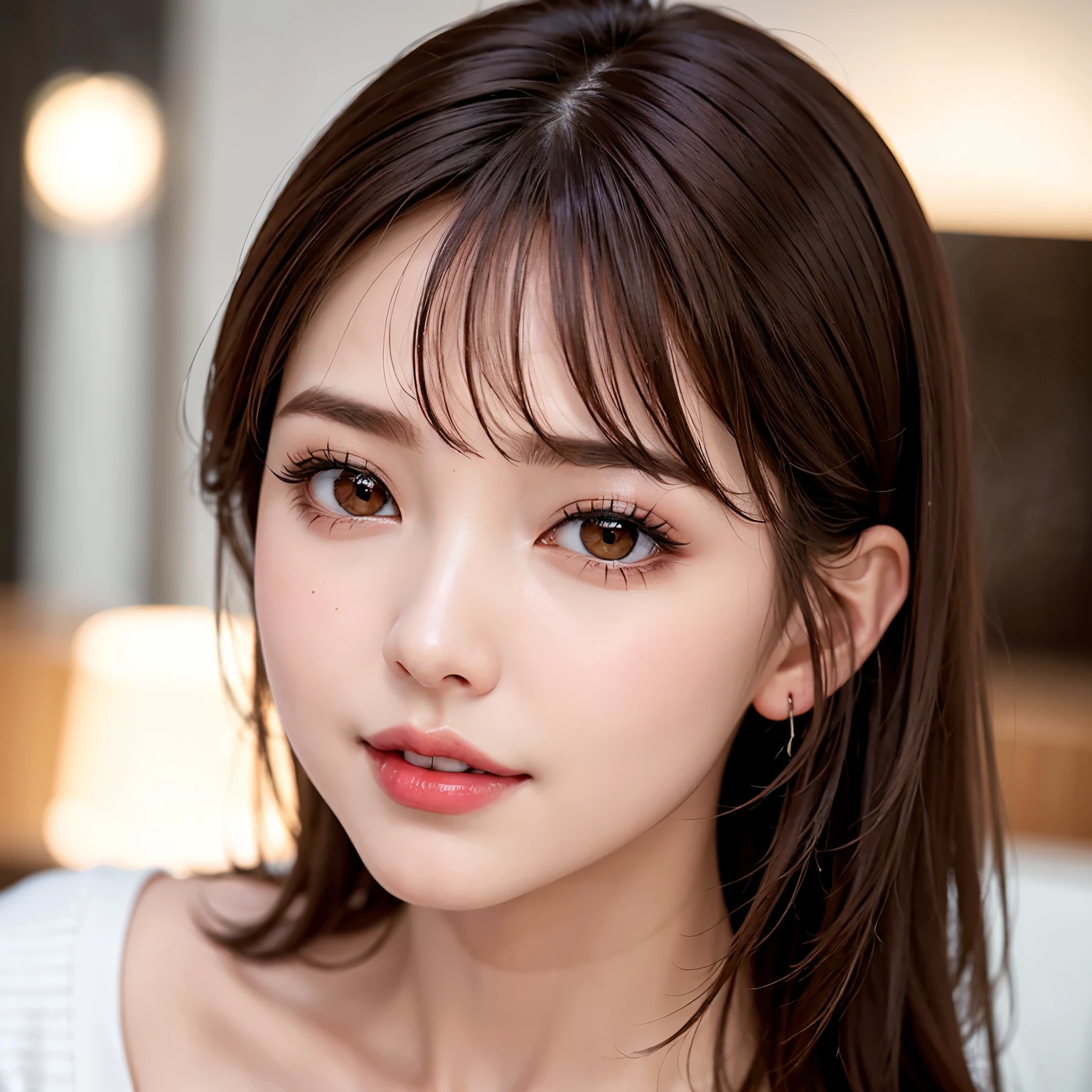 (highest quality、table top、8k、best image quality、Award-winning work)、(one young girl)、alone、(Perfect V-neck red long knit sweater:1.1)、(perfect red v neck sweater:1.1)、(red eyeshadow:1.2)、perfect makeup、long eyelashes、Super high-definition sparkling eyes、ultra high definition hair、ultra high resolution glossy lips、Super high resolution perfect teeth、Super high resolution cute face、brown hair、look at me and smile、[clavicle]、accurate anatomy、(close up of face:1.5)、Luxury love hotel、(The most moody warm lighting:1.2)、blurred background、With bangs、Super high-resolution glossy and moisturized face、Super high resolution glowing skin、most detailed face、Ultra high resolution detailed faces、ultra high resolution hair、Super high resolution sparkling eyes、Beautiful face drawn in every detail、Super high resolution glossy red lips、(closed lips:1.3)、smile gently