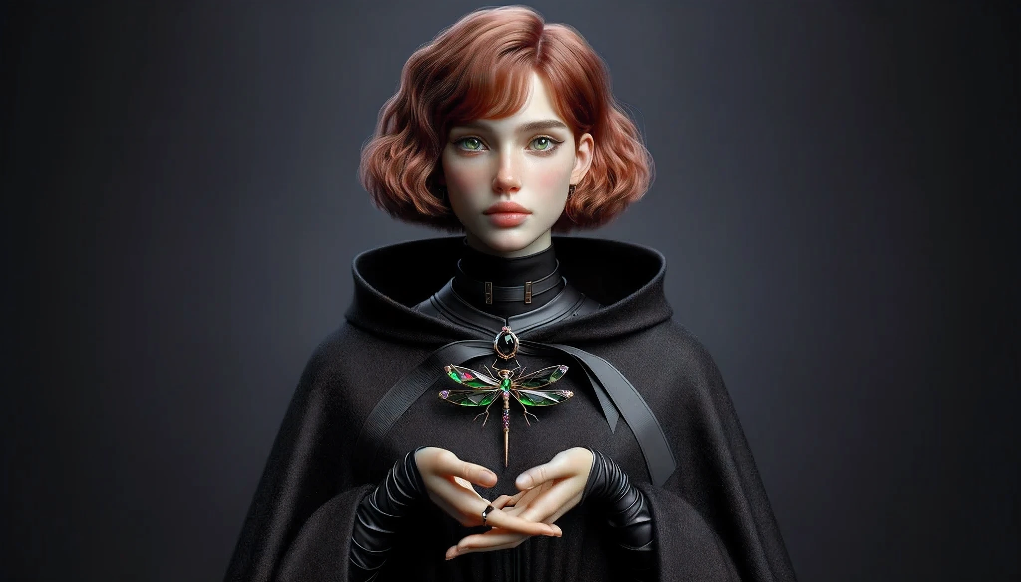 there is a woman in a cape holding a dragonfly, 3 d render character art 8 k, hyperdetailed fantasy character, portrait of a young witch girl, dark witch character, portrait of a young witch, attractive androgynous humanoid, realistic fantasy render, portrait beautiful sci - fi girl, dark fantasy female magician
