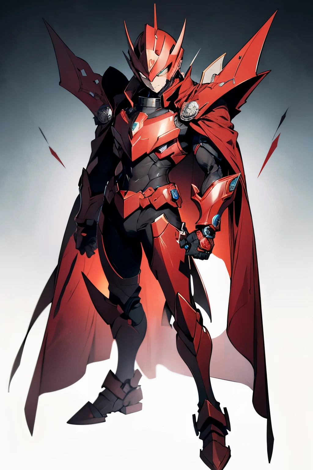 red armored man with a sleek design, wearing a human face-shaped helmet, striking a battle posture. The man's face has a serious expression, resembling the character Zero from the Megaman series. The armor is detailed and shines in a vibrant red color with a black cape. The overall style is a fusion of futuristic and fantasy elements, reminiscent of Dungeons and Dragons NPCs. The man stands in a dynamic pose, ready for action. Its armor reflects the light, adding a touch of realism to the scene. The color palette is dominated by shades of red, conveying power and intensity.