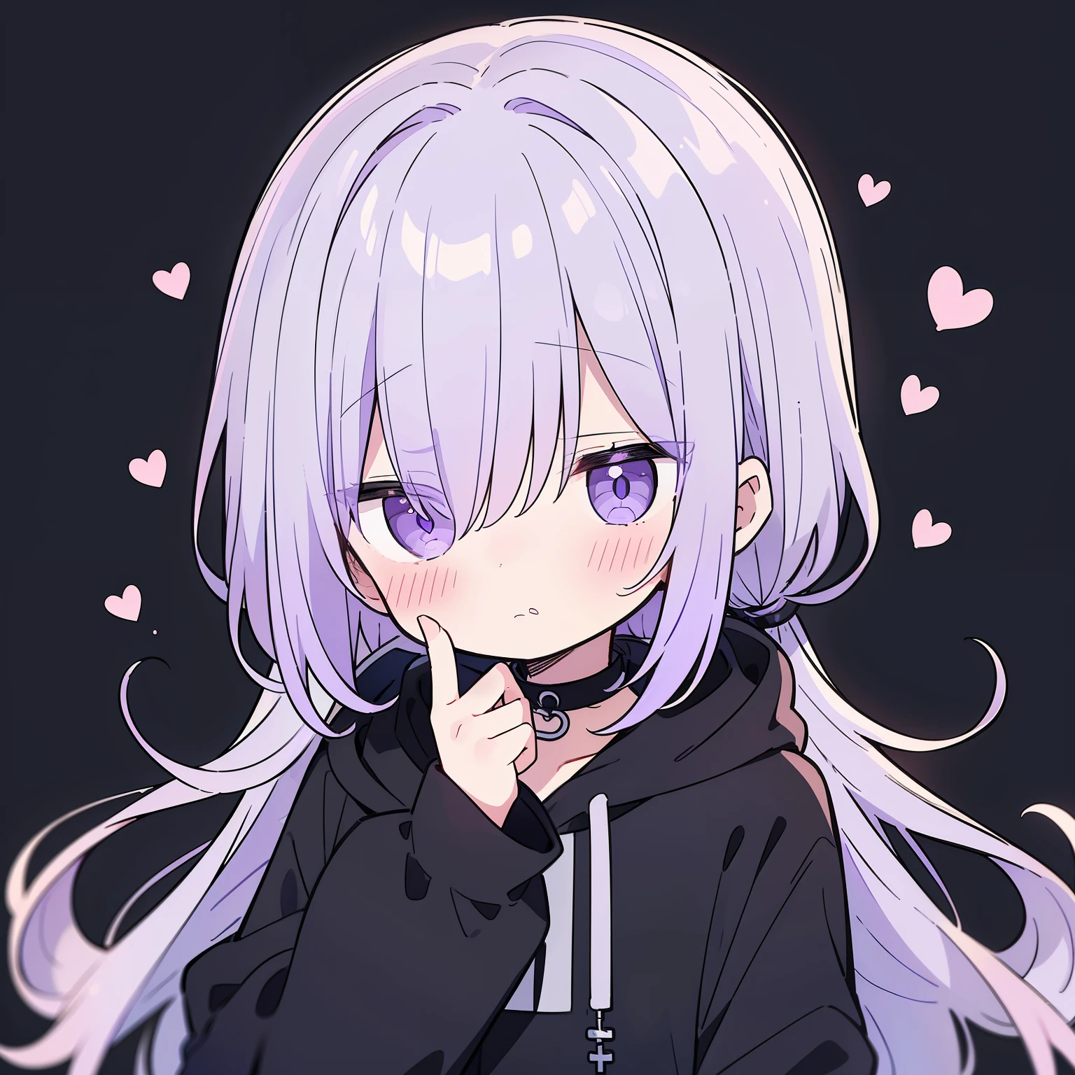 1 boy、Shota、Shota、cute、gray hair、mash hair、purple eyes、Azatoi、blush、black hoodie、black jersey、simple white background、finger on cheek、