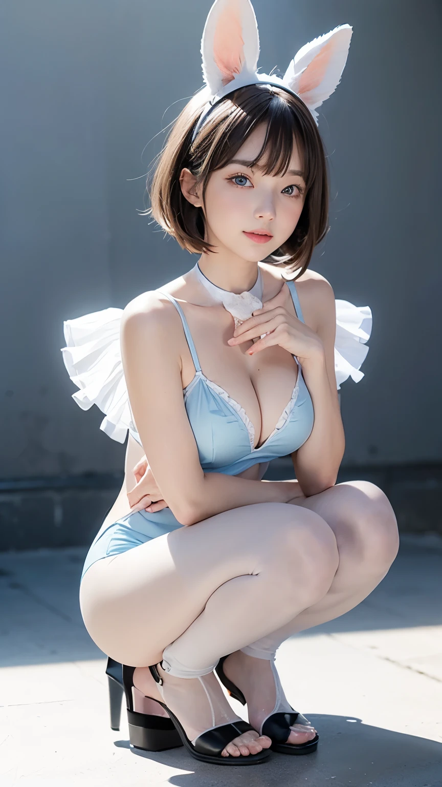 White gradient background ( girl Full body :1.7) , squatting legs, (beautiful detailed light blue eyes),,1个small Breast Girl,anatomy correct,Rabbit-shaped headdress,short detailed hair,ssmile,one-piece swimsuit , pantyhose ,detailed strappy sandals heels ,perfectly proportions,extremelydetailedface,(Best quality at best,high detal,tmasterpiece,offcial art,movie light effect,4K