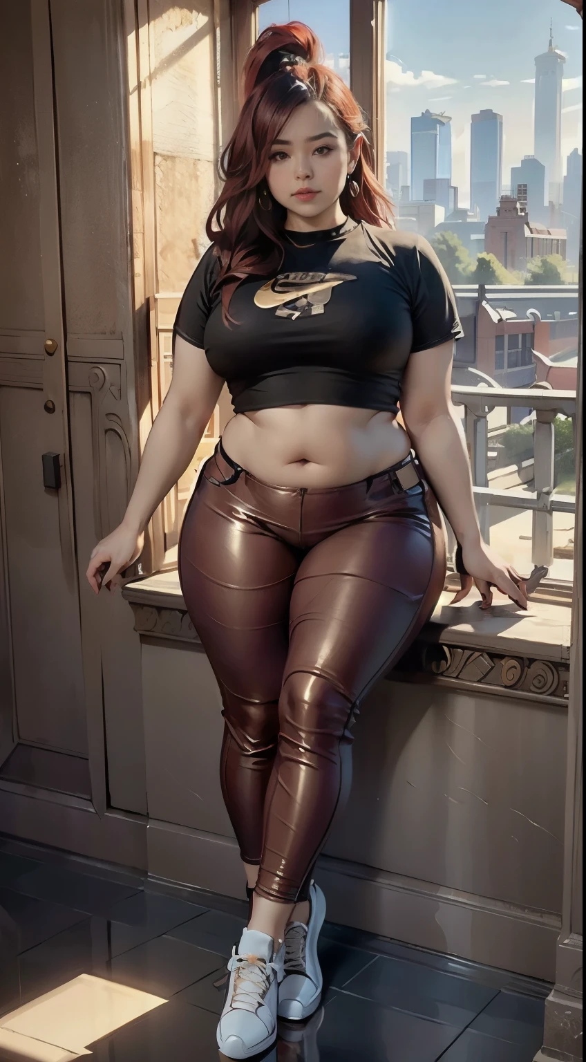 araffe woman in red leather pants and black t-shirt sitting on a window sill, thicc, alluring plus sized model, thick body, hyperrealistic full figure, bbwchan, she has a jiggly fat round belly, beautiful thick female, , curvy model, some red, heavy looking, , skinny waist and thick hips, view full body , cold atmosphere , smooth vibes, high contrast, nike sneakers 