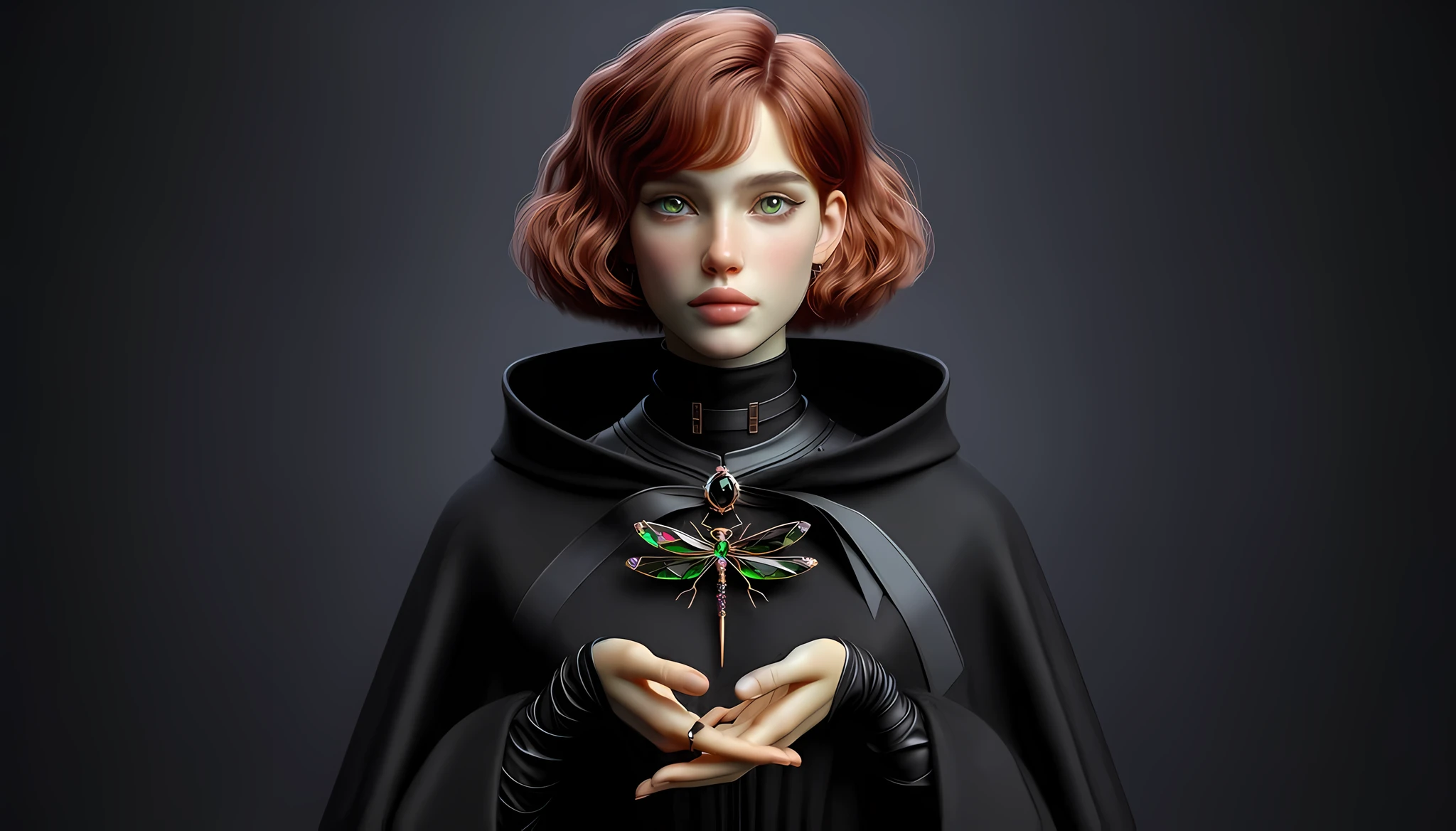 there is a woman in a cape holding a dragonfly, 3 d render character art 8 k, hyperdetailed fantasy character, portrait of a young witch girl, dark witch character, portrait of a young witch, attractive androgynous humanoid, realistic fantasy render, portrait beautiful sci - fi girl, dark fantasy female magician