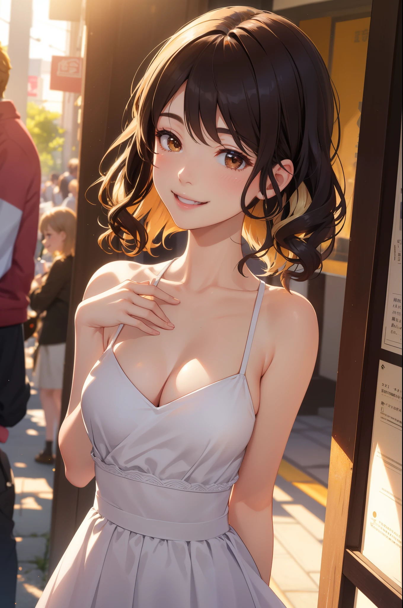 realistic, Golden hour lighting, midi dress, (Upper body), (Charming: 1), (alternative hair style:1.2), ((Puffy eyes)), Facing forward, Smiling, Laughing,Middle chest, なで肩,