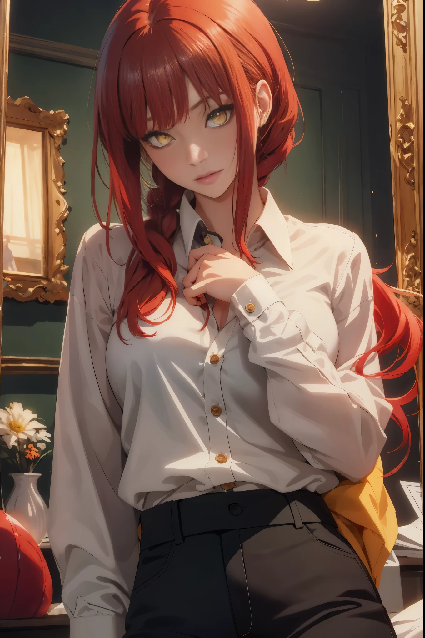 (masterpiece, best quality:1.2), solo, 1girl, red hair, yellow eyes, detailed eyes and face, long eyelashes, beautiful detailed lips, unbuttoned shirt with collar, on the chest, a lot of, black unbuttoned pants, wide hips, medium:oil painting, vibrant colors, studio lighting