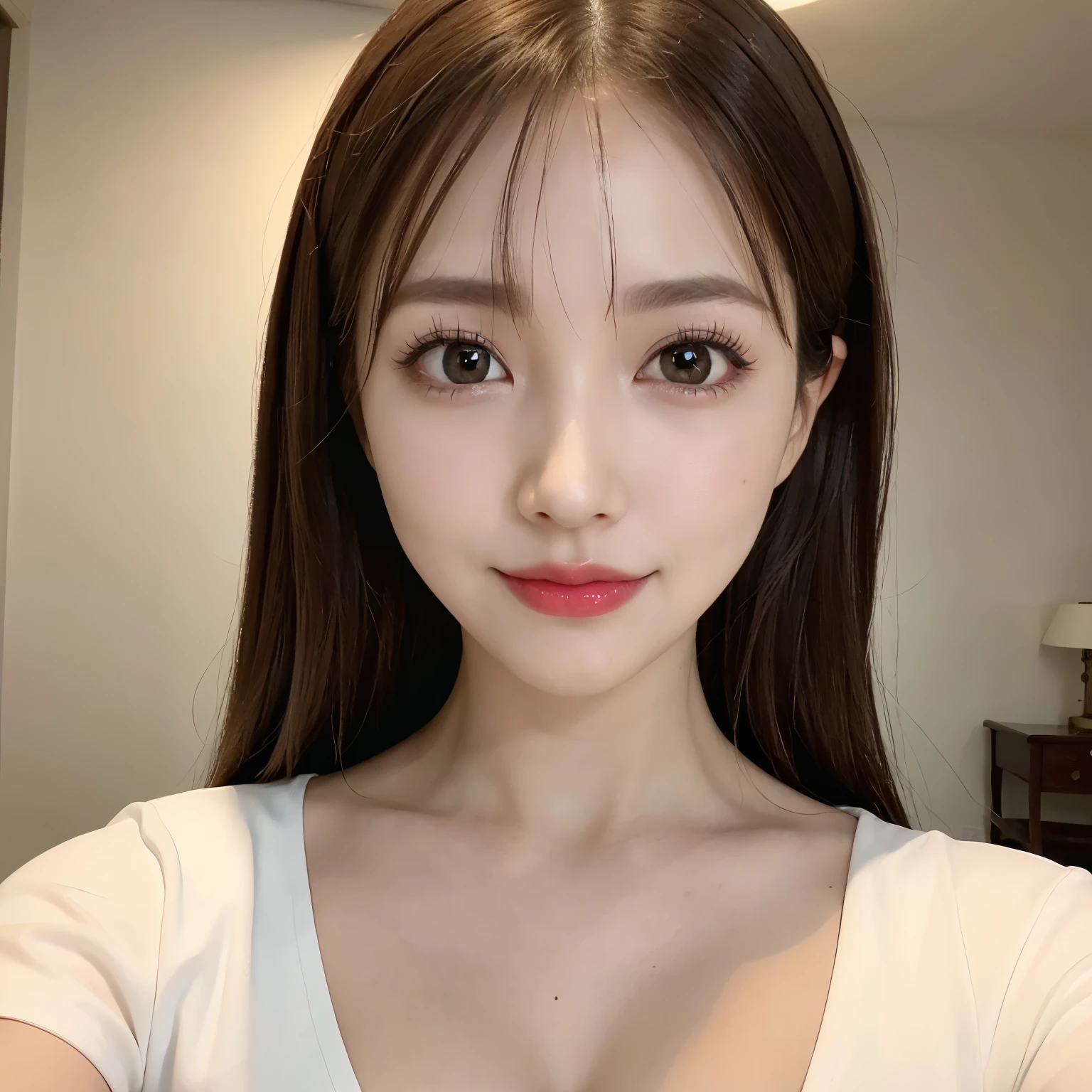 (highest quality、table top、8k、best image quality、Award-winning work)、(one young girl)、alone、(Perfect V-neck red long knit sweater:1.1)、(perfect red v neck sweater:1.1)、(red eyeshadow:1.2)、perfect makeup、long eyelashes、Super high-definition sparkling eyes、ultra high definition hair、ultra high resolution glossy lips、Super high resolution perfect teeth、Super high resolution cute face、brown hair、smile looking at me、[clavicle]、accurate anatomy、(close up of face:1.5)、Luxury love hotel、(The most moody warm lighting:1.2)、blurred background、With bangs、Super high-resolution glossy and moisturized face、Super high resolution glowing skin、most detailed face、Ultra high resolution detailed faces、ultra high resolution hair、Super high resolution sparkling eyes、Beautiful face drawn in every detail、Super high resolution glossy red lips、(closed lips:1.3)、smile gently