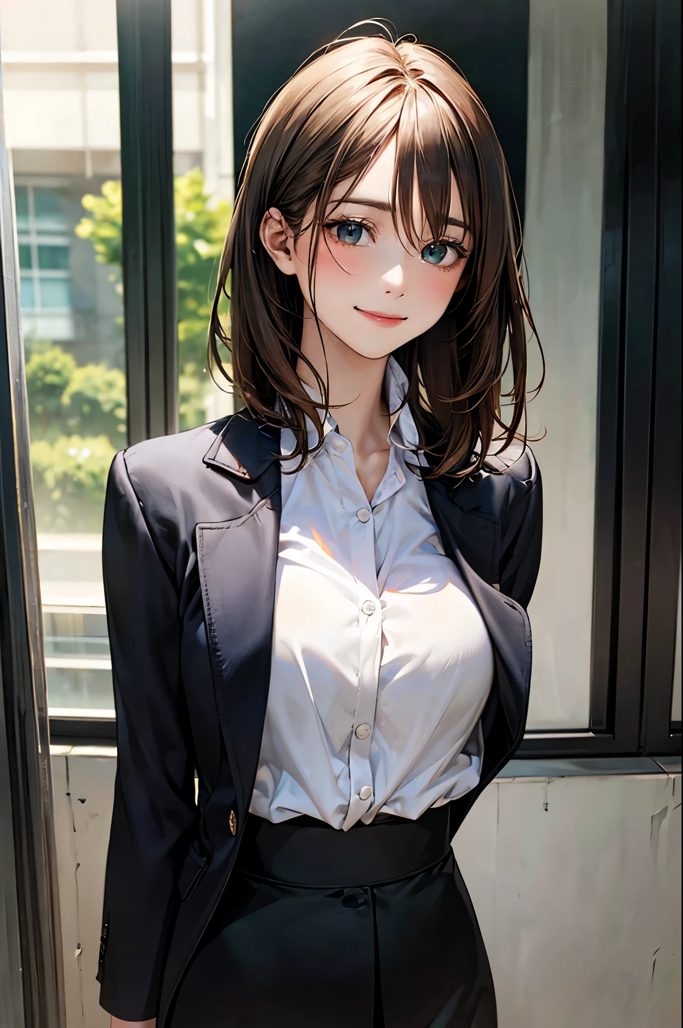 (masterpiece:1.2, top-quality), (realistic, photorealistic:1.4), beautiful illustration, (natural side lighting, movie lighting),
looking at viewer, face focus, upper body, 1 girl, japanese, 18 years old, perfect face, perfect body, cute and symmetrical face, shiny skin, babyface,
(short hair, straight hair, long sideburns, light brown hair), hair between eyes, emerald green eyes, (middle breasts, seductive thighs), slender,
beautiful hair, beautiful face, beautiful detailed eyes, beautiful clavicle, beautiful body, beautiful chest, beautiful thigh, beautiful legs, beautiful fingers,
(((black business jacket, close clothes), white collared shirt, black tight skirt), ),
(beautiful scenery), evening, (office), standing, (lovely smile, upper eyes),