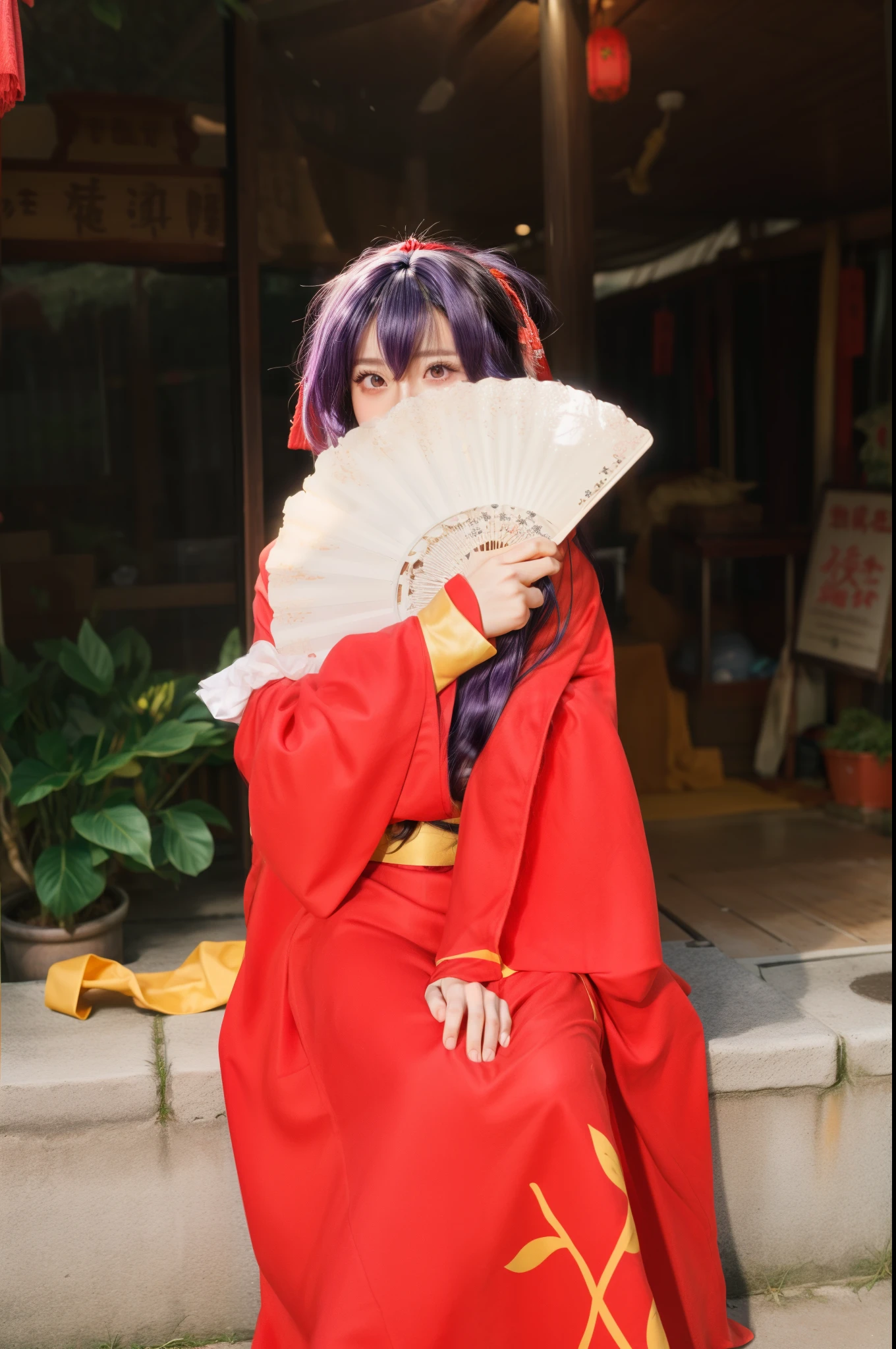 araffe dressed in a red robe holding a fan and a fan, anime cosplay, anime girl cosplay, cosplayer, cosplay photo, cosplay, cosplayer dressed like a crab, from touhou, professional cosplay, touhou character, dressed as emperor, taken with canon 8 0 d, ayaka cosplay, kimono costume, the anime girl is crouching, touhou, her in torii gate, ((real hair:1.8633)), (purple hair:1.163), sharp all view, ultra quality:2, best quality:2, white hairpin, ((perfect eyes))