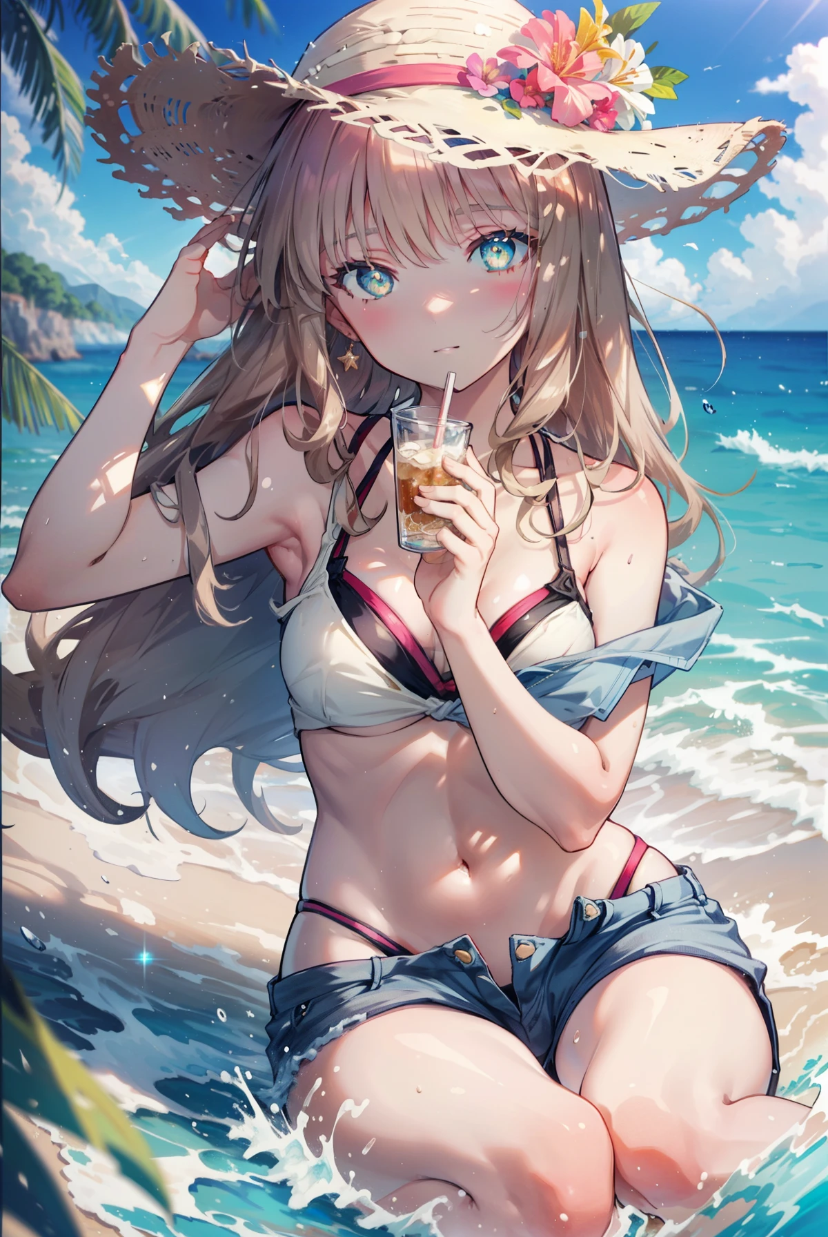The bud of a southern dream,The bud of a southern dream sss dynazenon ,brown hair,long hair,green eyes,big straw hat,smile,blush,hibiscus hair ornament,blue bikini swimsuit,barefoot,ビーチのsandy beachを散歩しながら,sky blue hair waving in the wind,sandy beachに座ってる,
rest outdoors, sandy beach,destroy the seaside (masterpiece:1.2), highest quality, High resolution, unity 8k wallpaper, (shape:0.8), (fine and beautiful eyes:1.6), highly detailed face, perfect lighting, Very detailed CG, (perfect hands, perfect anatomy),