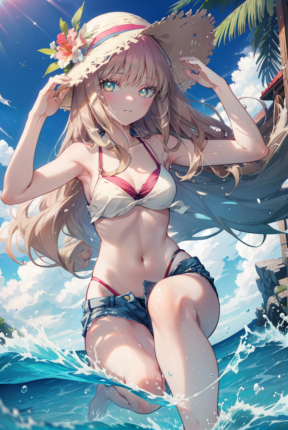 The bud of a southern dream,The bud of a southern dream sss dynazenon ,brown hair,long hair,green eyes,big straw hat,smile,blush,hibiscus hair ornament,blue bikini swimsuit,barefoot,ビーチのsandy beachを散歩しながら,sky blue hair waving in the wind,sandy beachに座ってる,
rest outdoors, sandy beach,destroy the seaside (masterpiece:1.2), highest quality, High resolution, unity 8k wallpaper, (shape:0.8), (fine and beautiful eyes:1.6), highly detailed face, perfect lighting, Very detailed CG, (perfect hands, perfect anatomy),