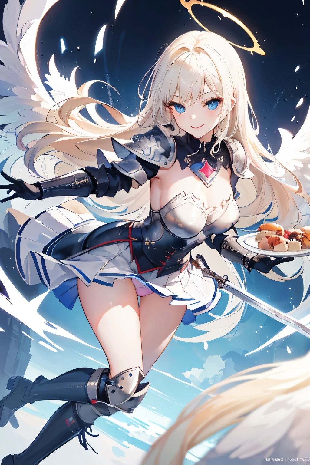 (((1girl))), ((best quality)), ((masterpiece)), ((ultra-detailed)), (illustration), (detailed light), (an extremely delicate and beautiful), (beautiful detailed eyes), (sunlight), ((extremely light)), ((extremely clothes)), (((hyper detail))),(((((front lighting))))),(((((front light))))),
((((quite adorable and more sexy plate armor with a pleated skirt and magical helmet)))), (((Master Mage))),
, (((angel))), (((angel wings))), ((((angel halo)))),
(((wavy long hair))), ((((platinum blonde hair)))), (((long hair))),
(((sky blue eyes))),
((((whole body)))), aged 5 8, ((((())))), ((((very adorable young girl)))),
((condescending expression)), ((mischievous smile with sexual satisfaction)), (((extra adorable))), (((((extra slender shape))))),
(((((extremely beautiful detailed face))))),
(((dynamically and bravely attacking enemies by a two handed sword))), (((elegant magic boots))),
(Dutch angle), (((elegant magic gloves))), ((transparent magical underskirt)), (a little bit exposed adorable magical panties)