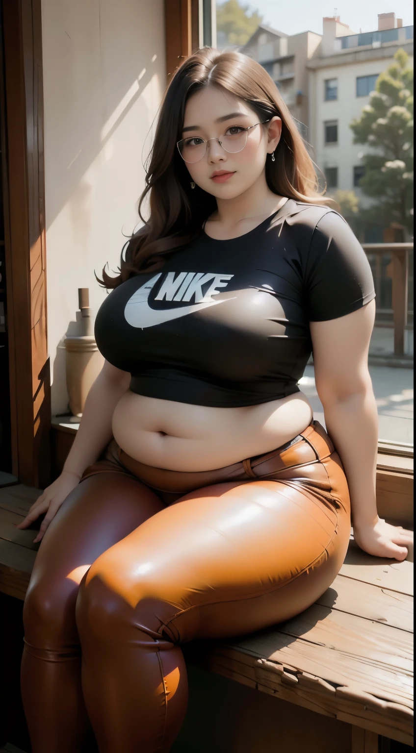araffe woman in red leather pants and black t-shirt sitting on a window sill, thicc, alluring plus sized model, thick body, hyperrealistic full figure, chan, she has a jiggly fat round belly, beautiful thick female, , curvy model, some red, heavy looking, , skinny waist and thick hips, view full body , cold atmosphere , smooth vibes, high contrast, nike sneakers , chubby , glasses