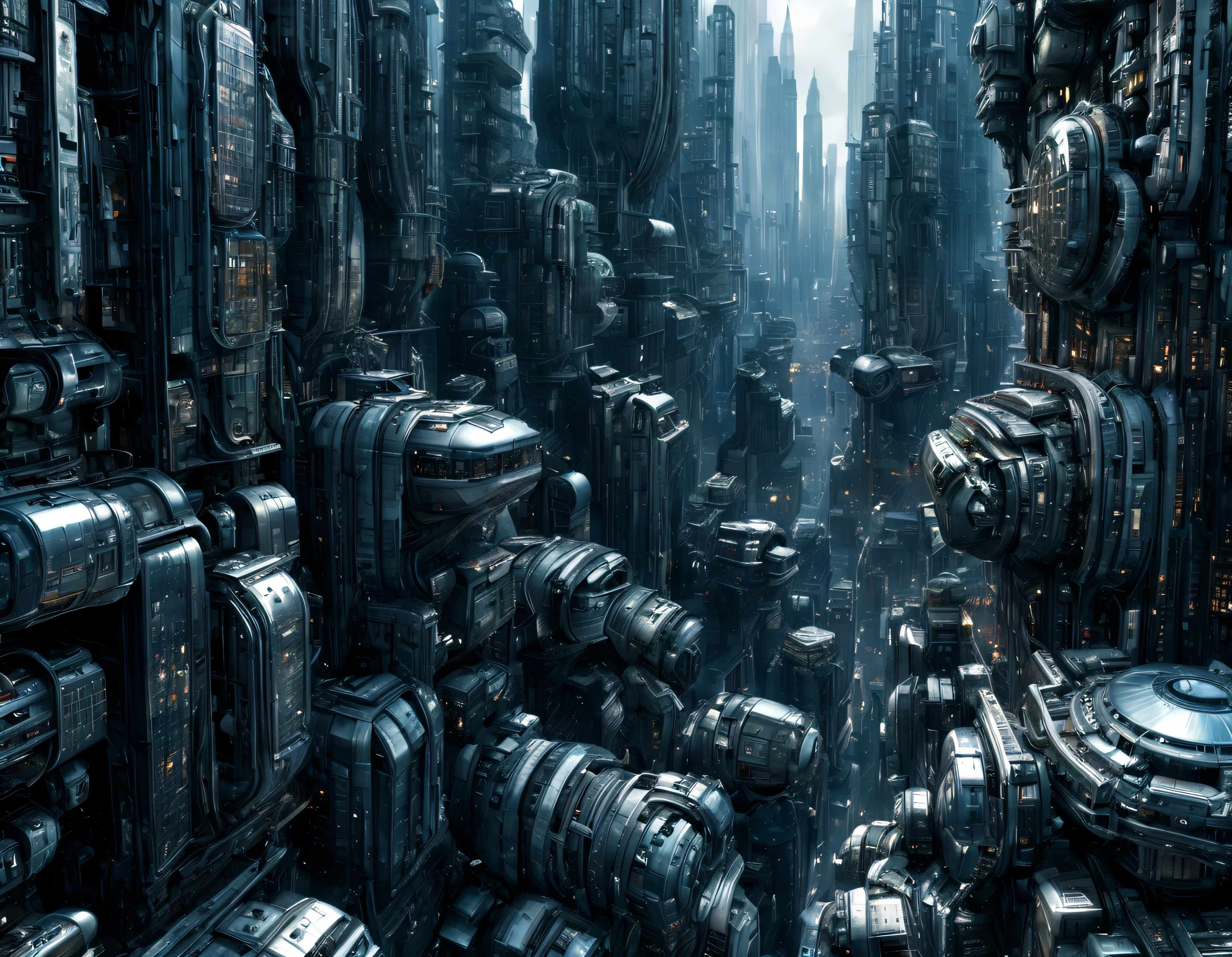 megacity, megalopolis of an imaginary world of science fiction and maximum fantasy, con inmensos edificios ovalados agrupados de metal y cristal. imagen bien definida 8k, (intrincados detalles de la maquina), con muchos edificios juntos.(obra maestra de superior calidad).(imagen fotorrealista), nitidez absoluta hasta el fondo.