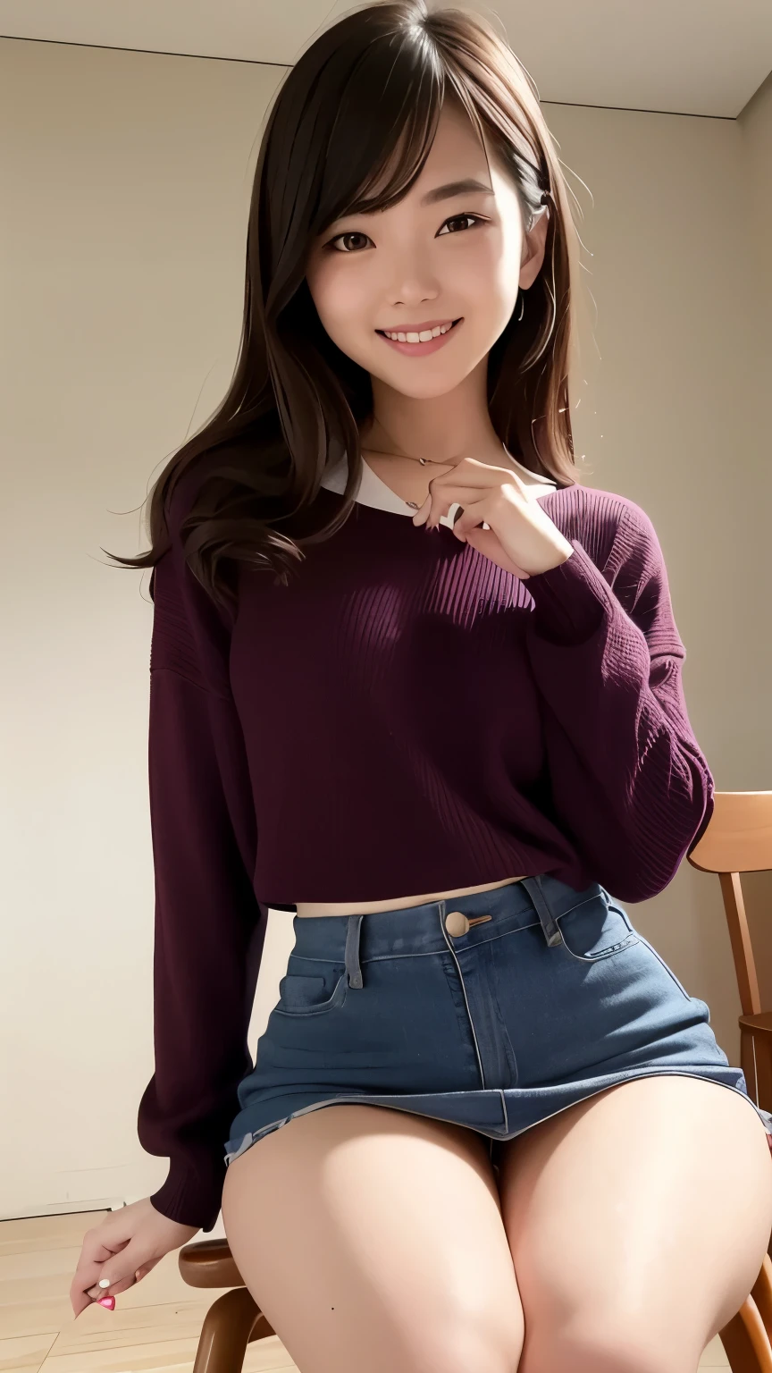 Highest image quality、realistically、Shining beautiful skin、1 woman、Early 20s、Chair、Gravure idol、sweater、mini skirt、underwear、sexy pose for the camera、smile、