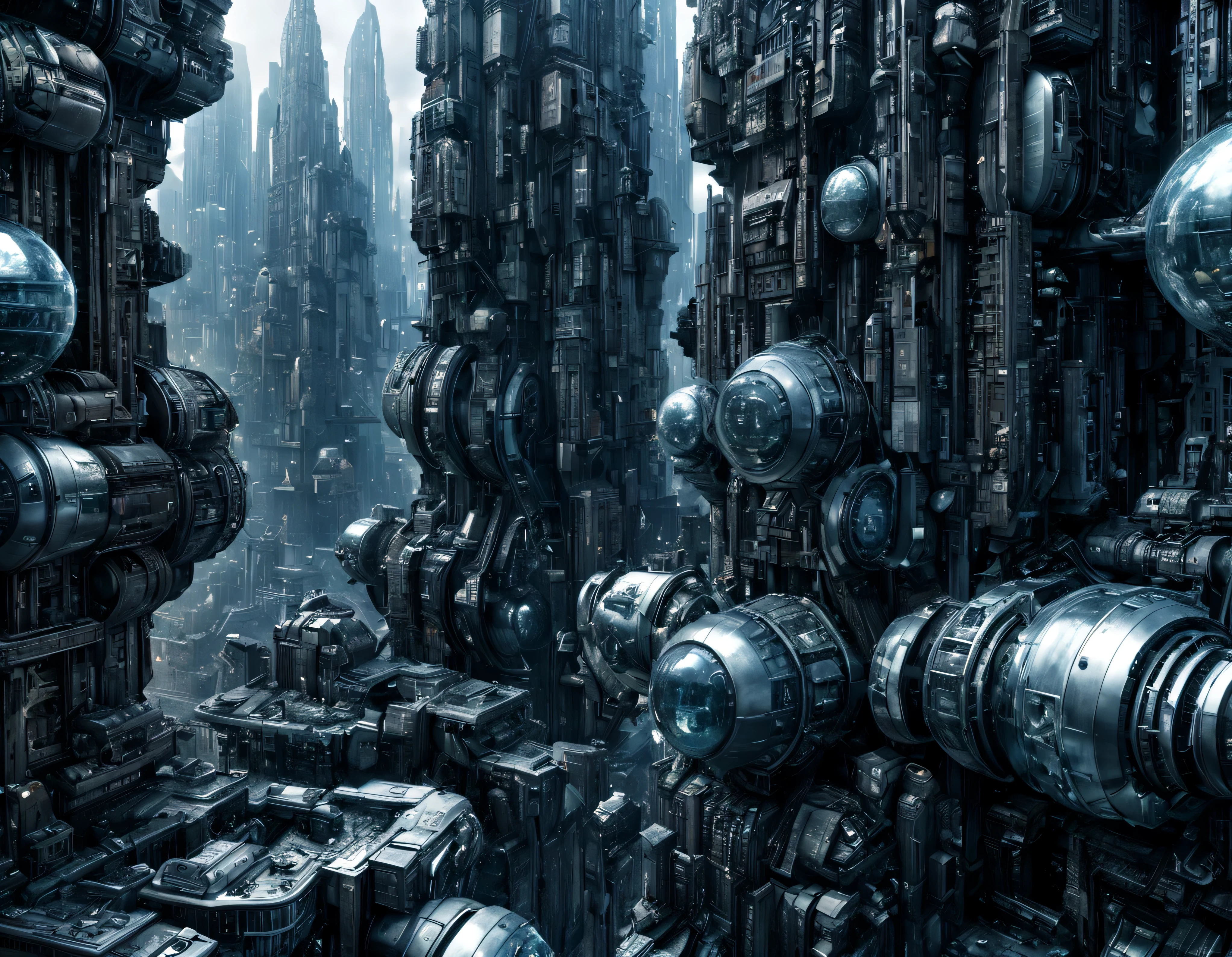 megacity, megalopolis of an imaginary world of science fiction and maximum fantasy, con inmensos edificios ovalados agrupados de metal y cristal. imagen bien definida 8k, (intrincados detalles de la maquina), con muchos edificios juntos.(obra maestra de superior calidad).(imagen fotorrealista), nitidez absoluta hasta el fondo.
