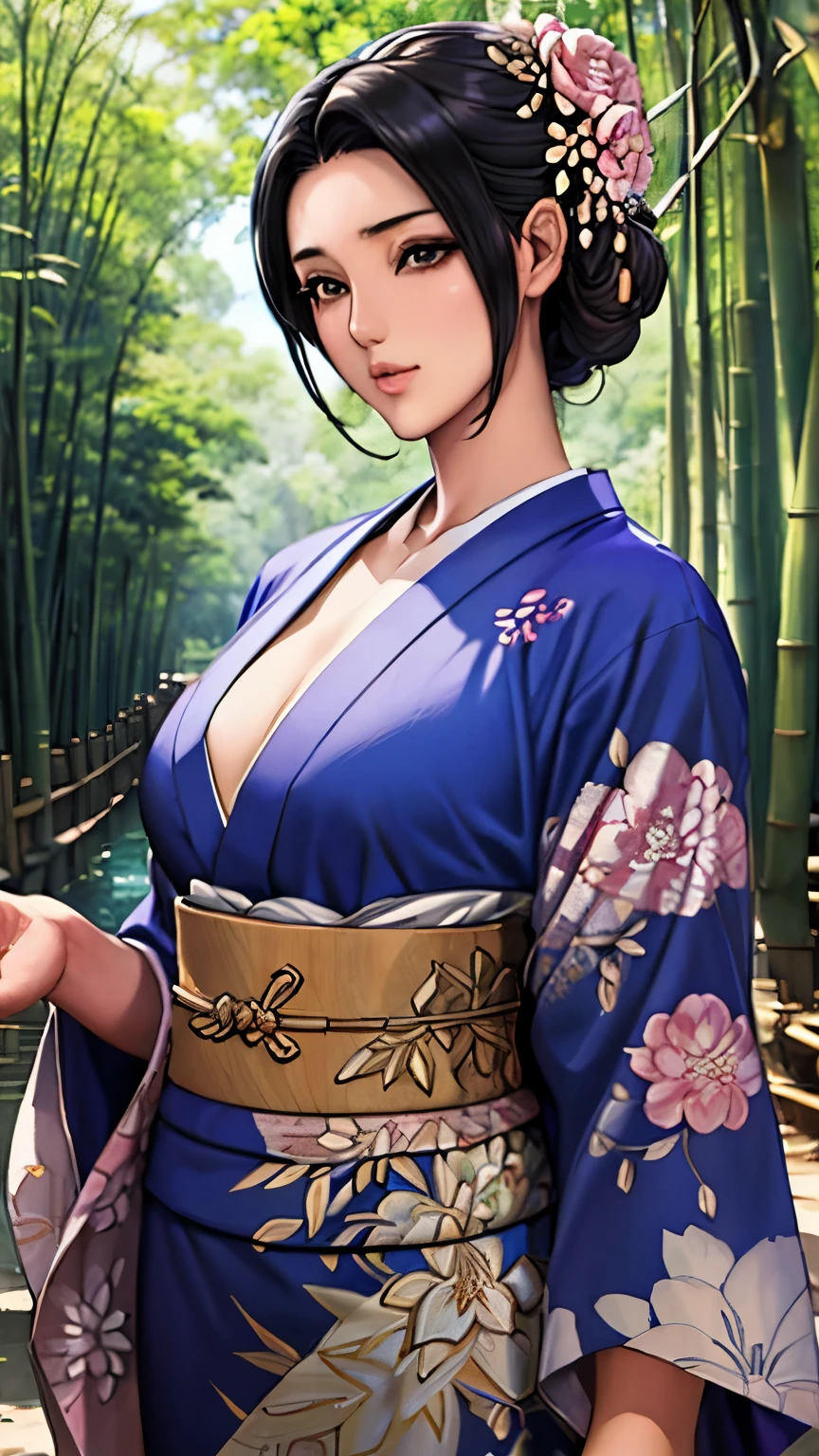 warm feeling，Hollywood quality，cinematic light，cinematic shadow，A python wrapped around a beautiful woman，Beautiful woman wearing kimono，Japanese Beauty，Tropical rainforest background，blur background，masterpiece