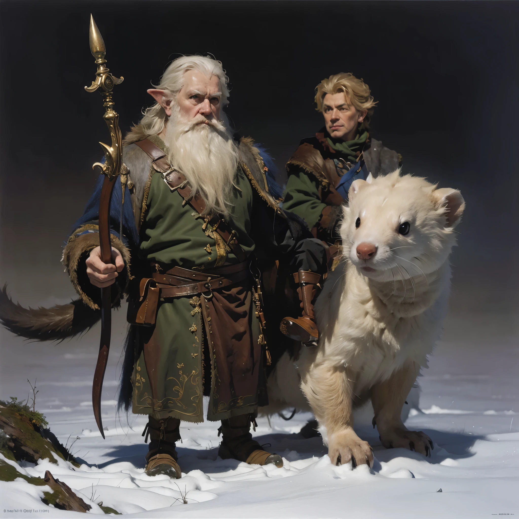 8k, the most beautiful d&d painting artwork, Forground: multiple fantasy characters old male gnome holding mage wood staff, sitting on ferret, giant weasel ferret, blue winter coat, green winter coat, big pointy ears. Background: twilight lighting, scandinavian forest, snow covered ground, pine trees, stones. Render the scene: art style of Donato Giancola and Patrick J Jones, sharp focus, (highly detailed:1.4), oil painting.