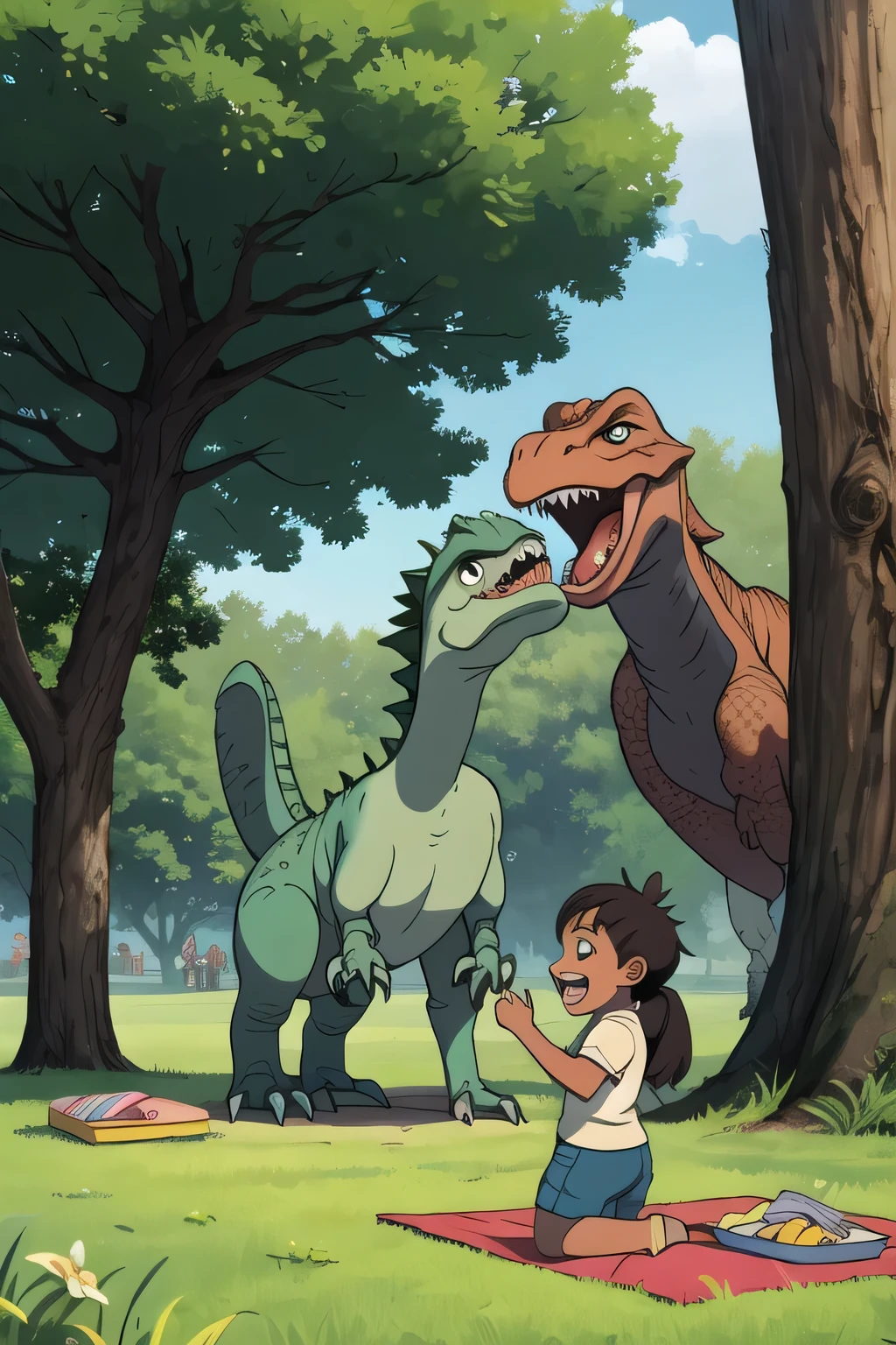 (best quality,ultra-detailed),colorful,playful,friendly,cartoon-style,memorable,ocean-blue-skies,sunny-day:1.2,dreamy grasslands,[happy dinosaurs],big-hearted,smiling trees,joyful expression,strong and sturdy trunks,tall and leafy canopy,sharp teeth,gentle eyes,friendly smiles,adorable  dinosaurs,green leaves,-friendly environment,fun play area,playful,active posture,colourful feathers,soft and fluffy textures,safe and inviting,[tree swings],exciting adventures,dinosaur footprints,children's laughter,creative play,picnic area,enjoyable family outings,variety of dinosaurs,long necked dinosaurs,flying dinosaurs,playful interactions,toddr-friendly,simple shapes for easy recognition,educational and entertaining.