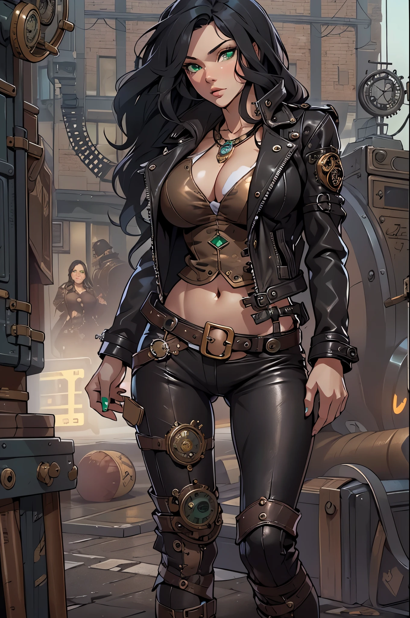 ((Need, 8K, tmasterpiece:1.3)),(realisticlying:1.4),RAW photogr,figure portrait,Very wide lens,closeup cleavage,(True skin texture:1.3),(filmgrain:1.3) Focalors:1.2, perfect figure beautiful woman:1.4, ((Long dark black bright hair, green eyes, navel, huge tit:1.2 )), ((White crop top:1.2))(short black leather jacket, black steampunk trausers:1.4) , ((she is kneeling on the floor)), ((open steampunk street day scene, )), Highly detailed facial and skin texture, detailed