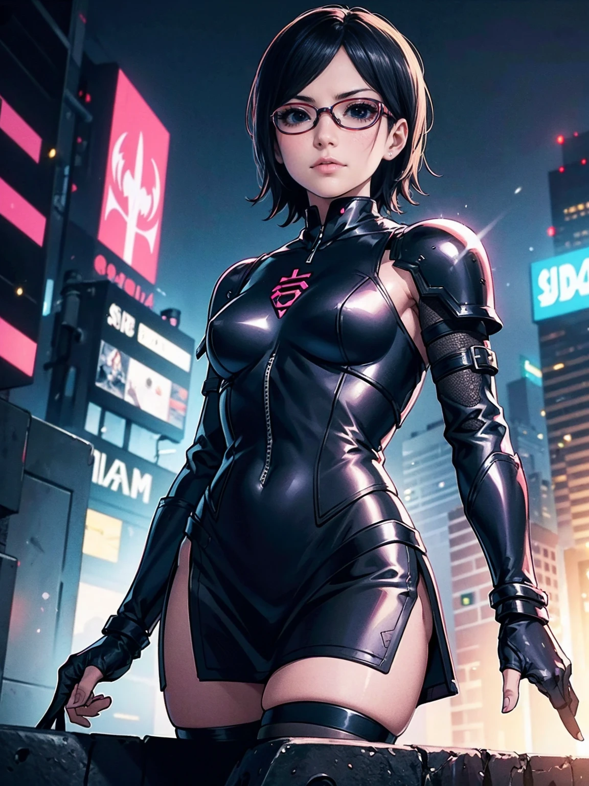 (Original, small , 1girl, solo), (very detailed wallpaper) , (best quality) , (work of art) ,struggling posture, artistic dedication, very detailed illustrations, (pink lipstick) , beautiful eyes, (Delicate Face) , perfect detail, (best lighting ), (super complex details), ((Alone, Sarada Uchiha, ((black eyes)), (wearing glasses, short hair, serious facial expression), Staring, confident)), (((black armor, dark armor, F41Arm0r, Fae Armor, daedricarmor, darkness shild, cyberpunk armor))), (cyberpunk background, cyberpunk city), night, moon, city, 