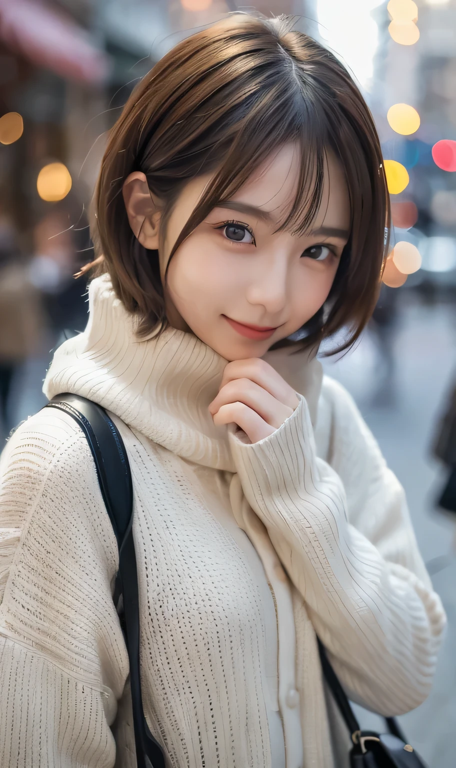 young japanese woman, 30 generations, white background, Characterized by simplicity背景, white brown hair, thin, 4k, In 8K, high quality, beauty, beautiful eyes, Characterized by simplicity, High resolution,1 person,beautiful skins,beautiful skin,wearing a white knit,winter,lipstick,slight smile