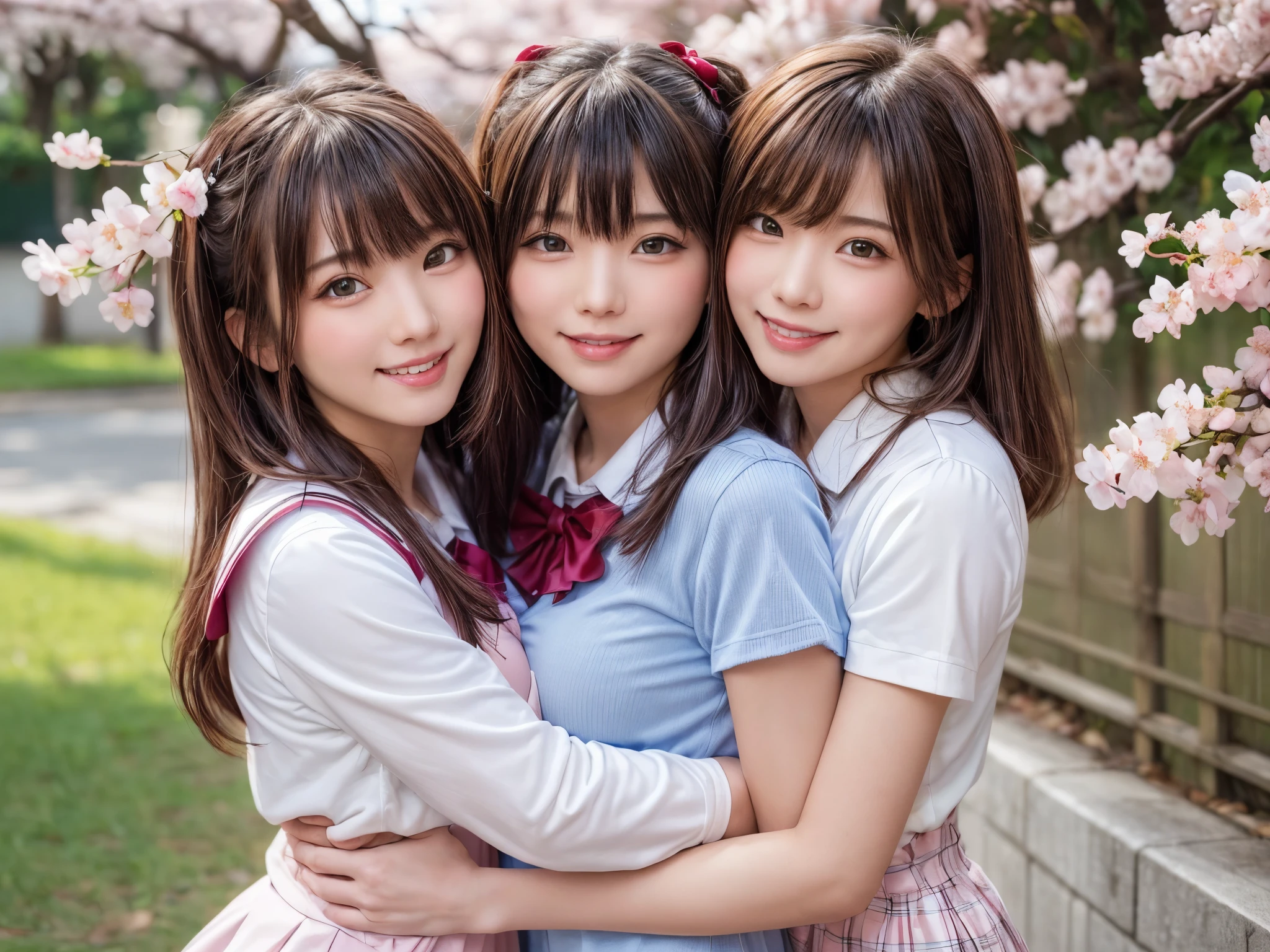 ((masterpiece)), ((best quality)), (ultra-detailed), ((kawaii)), cute, (lovely), ((sexy)), (ero), ((extremely detailed)), 4K, (8K), best quality, (beautiful), hyper realistic, real, dynamic angle, full body, (Cherry blossom petals, cherry blossoms in full bloom:1.3), (2girls, 2 cute girls:1.5), ((school girl uniform)), ((beautiful eyes)), short hair, buttocks, large breast, light smile, blush, (wind effect:1.3), (love, hug:1.5)