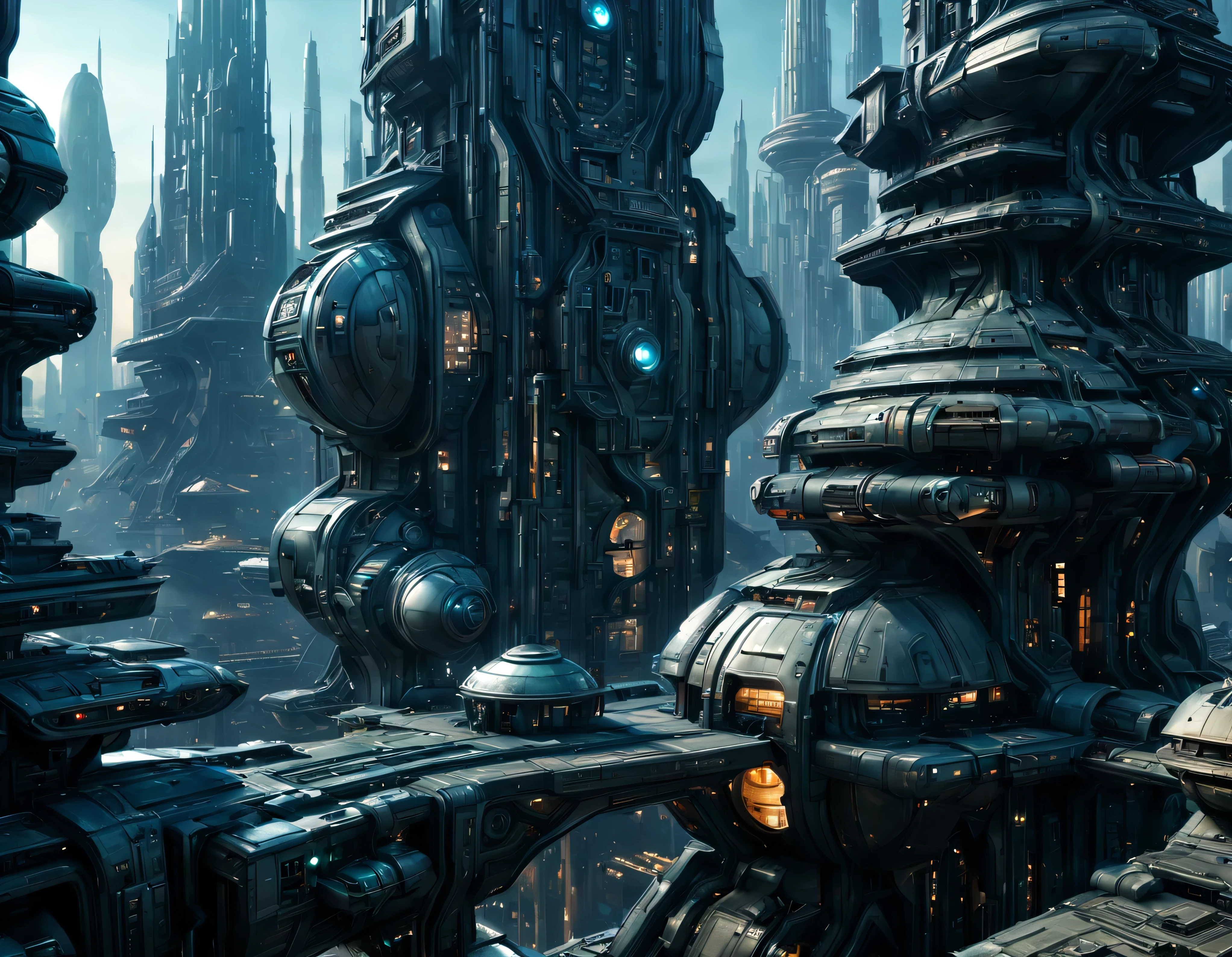 On an unknown planet there is a futuristic fantasy city similar to the one in the movie Tomorrowland., cyberpunk, century XXV technology, with huge buildings of super technological design, puentes entre edificios, que forman una infinita avenida con estructuras acristaladas y de metal, donde predomina el bronce, con Colores vivos, pavimento ensolado sin brillo, poca gente paseando, similar a Coruscant, imagen bien definida 8k, (intrincados detalles de la maquina), con muchos edificios juntos.(obra maestra de superior calidad).(imagen fotorrealista), nitidez absoluta hasta el fondo.