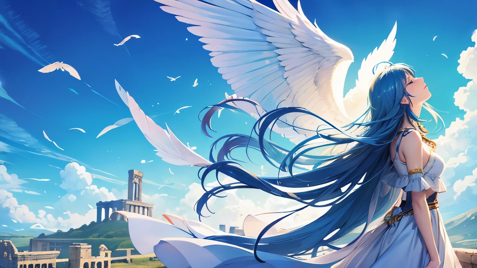 fantasy,blue sky,look up,lively,whole body,Fluttering feathers,the sun shines,ancient ruins,top of the hill,look up,lots of people