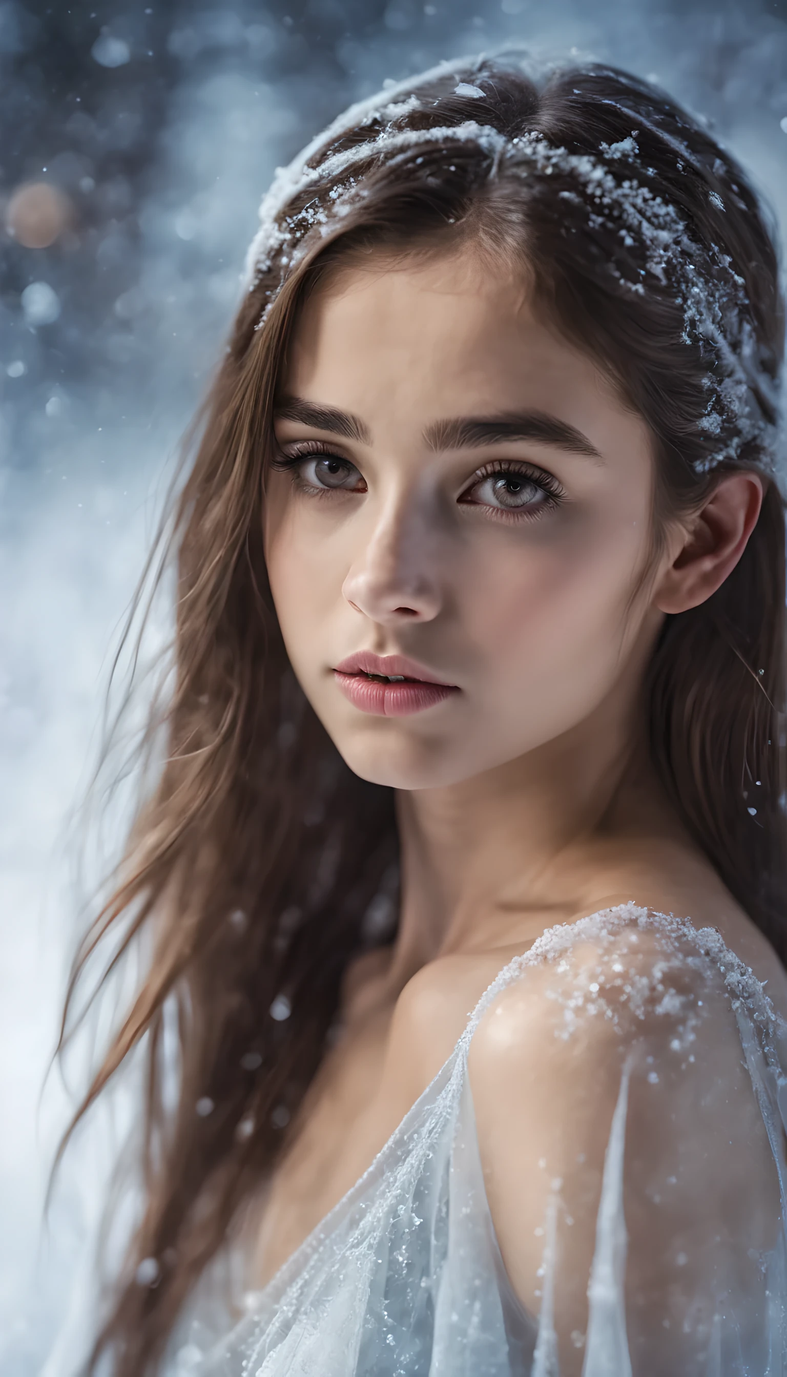 ((1 Spanish teen girl)), ethereal beautiful, slim, soft light, close up picture, masterpiece, best quality, photo-realistic, 16k, detailed skin, 8k uhd, dslr, soft lighting, high quality, film grain, Fujifilm XT3, full body, in the ice