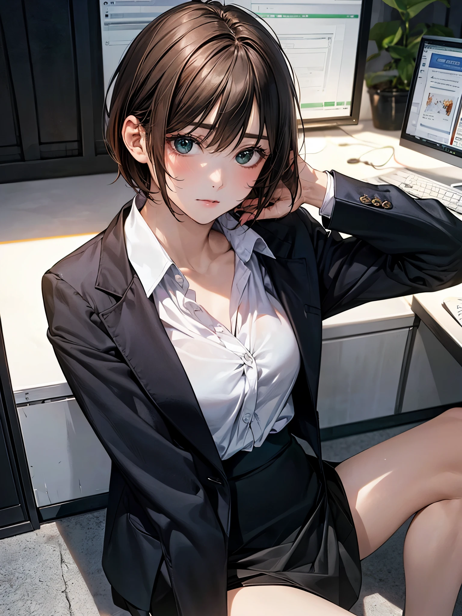 (masterpiece:1.2, top-quality), (realistic, photorealistic:1.4), beautiful illustration, (natural side lighting, movie lighting),
looking at viewer, (panty shot), 1 girl, japanese, 18 years old, perfect face, perfect body, cute and symmetrical face, shiny skin, babyface,
(short hair, bob cut, long sideburns, light brown hair), hair between eyes, emerald green eyes, (middle breasts, seductive thighs), slender,
beautiful hair, beautiful face, beautiful detailed eyes, beautiful clavicle, beautiful body, beautiful chest, beautiful thigh, beautiful legs, beautiful fingers,
(((black business jacket, close clothes), white collared shirt, black tight skirt), white panty),
(beautiful scenery), evening, (computer office), sitting floor, put own hands on the floor, spread legs, raise own knees, (surprised),