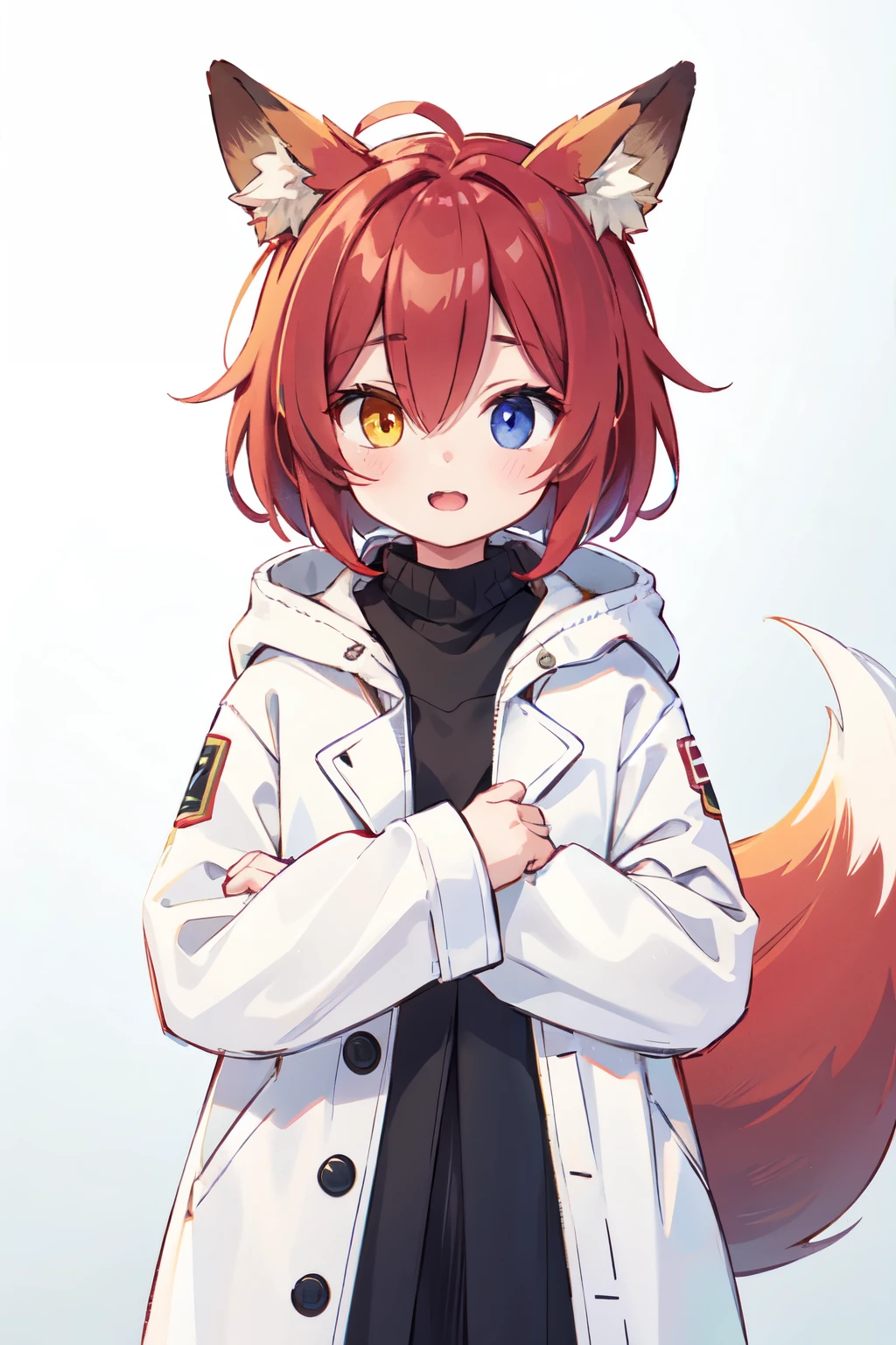 foxgirl, red hair, heterochromia, one eye is yellow and another eye i green, white coat, fox ears, fox tail