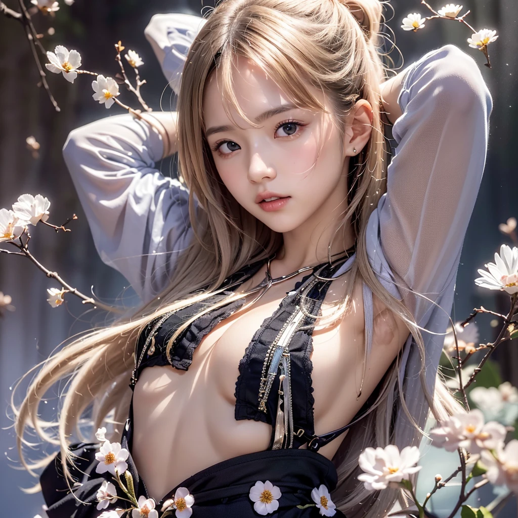 ((((flat chest)))),small nipples,((highest quality)), ((masterpiece)), (Learn more), perfect face,fold your arms behind your head,beautiful girl,model,Japanese,Nipples showing through the shirt,dance,Petals flutter,A face that feels,silver hair