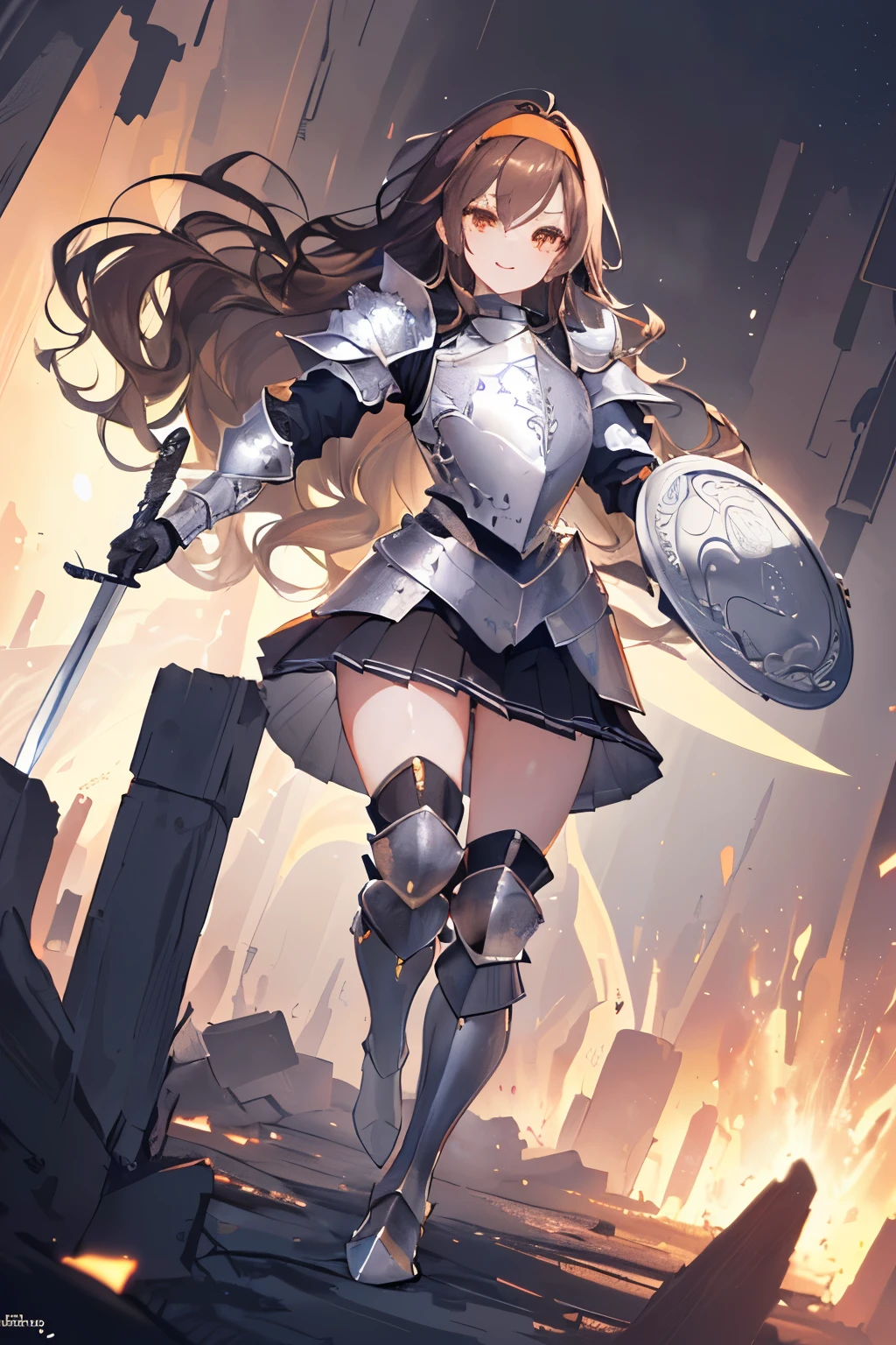 (((1girl))), ((best quality)), ((masterpiece)), ((ultra-detailed)), (illustration), (detailed light), (an extremely delicate and beautiful), (beautiful detailed eyes), (sunlight), ((extremely light)),  ((extremely clothes)), (((hyper detail))),(((((front lighting))))),(((((front light))))),

((((quite adorable and more sexy plate armor with a pleated skirt and magical headband)))), (((Novice Knight))),
, 

(((wavy long hair))), ((((dark brown hair)))),  (((long hair))),
(((deep orange eyes))),

((((whole body)))), aged 5 to 8, ((((())))), ((((very adorable young girl)))),
((condescending expression)), ((mischievous smile with sexual satisfaction)),  (((extra adorable))), (((((extra slender shape))))), 
(((((extremely beautiful detailed face))))), 
(((dynamically and bravely attacking enemies by a sword))), (((elegant magic boots))),

(Dutch angle), (((elegant magic gloves))), ((transparent magical underskirt)), (a little bit exposed adorable magical panties)