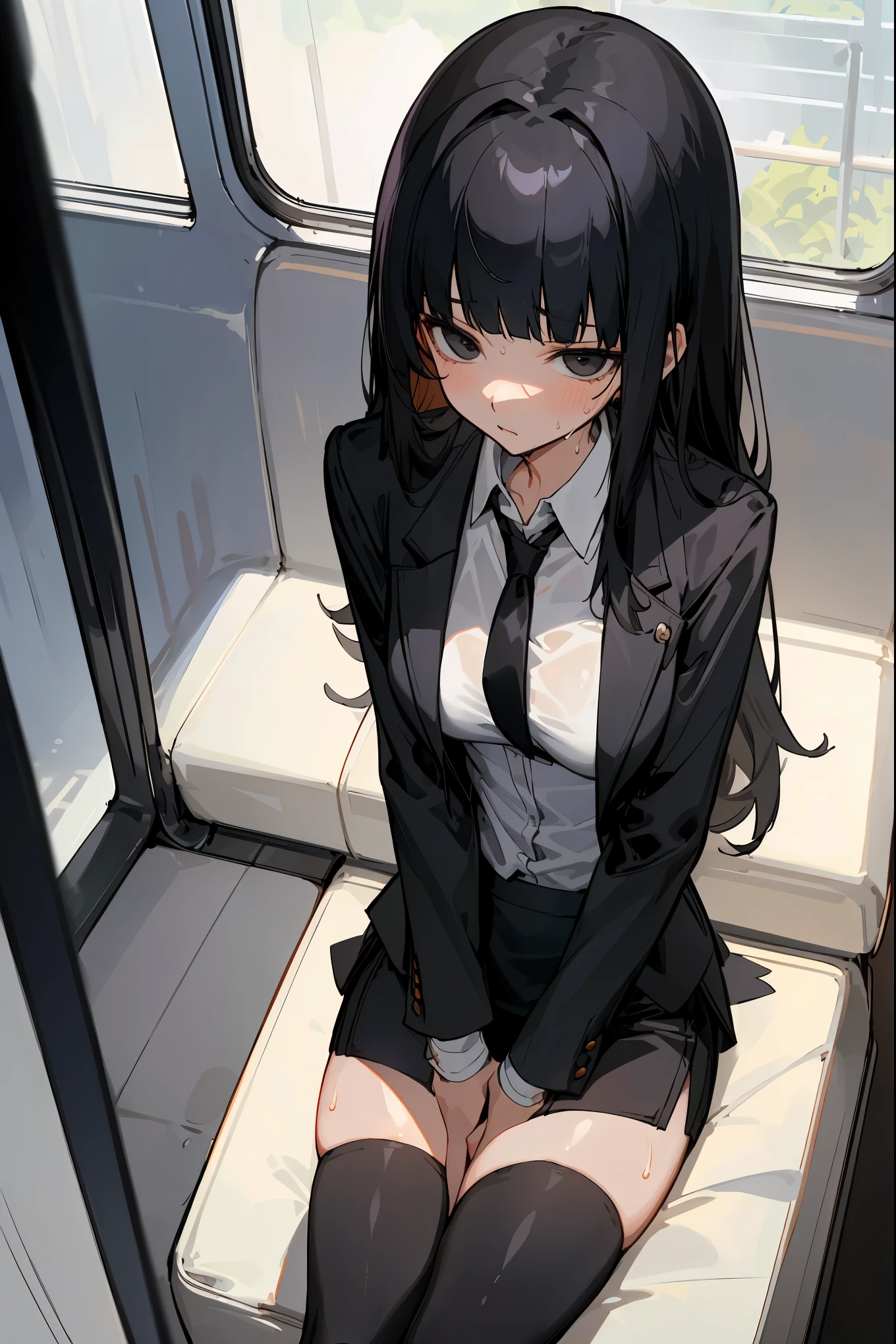 masterpiece,best quality,1woman solo,cowboy shot,20 year old beauty、black hair,long hair,blunt bangs,black eyes,shy look、ideal ratio body proportions,slender body,medium breasts,gleaming skin,Perfect Anatomy:1.2,sitting,sweat,wet crotch,(black blazer jacket、white shirt、black tie、black tight skirt、mini skirt、thigh_gap, black_thighhighs),train、Inside the car、seat、congestion、Tokyo、